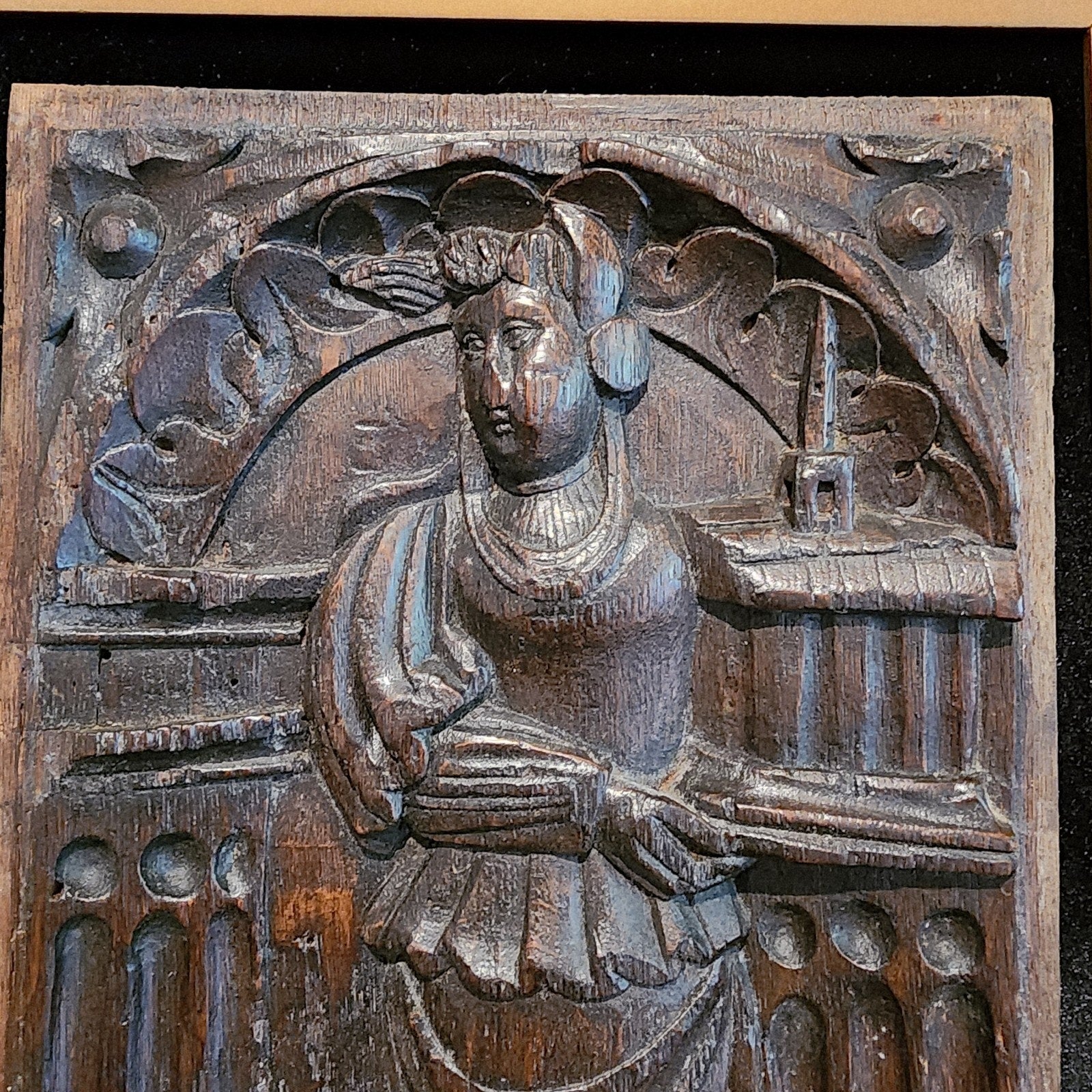 16th C Saint Barbara w Tower Wood Panel France Framed Renaissance Hand Carved