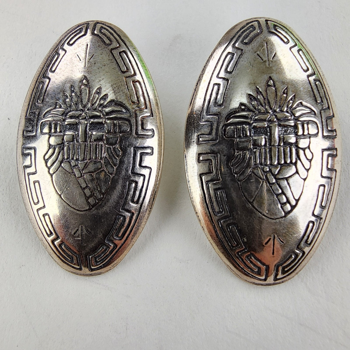Peruvian Stamped Concho Earrings Sterling Silver 925 Vintage Greek Key Stamped
