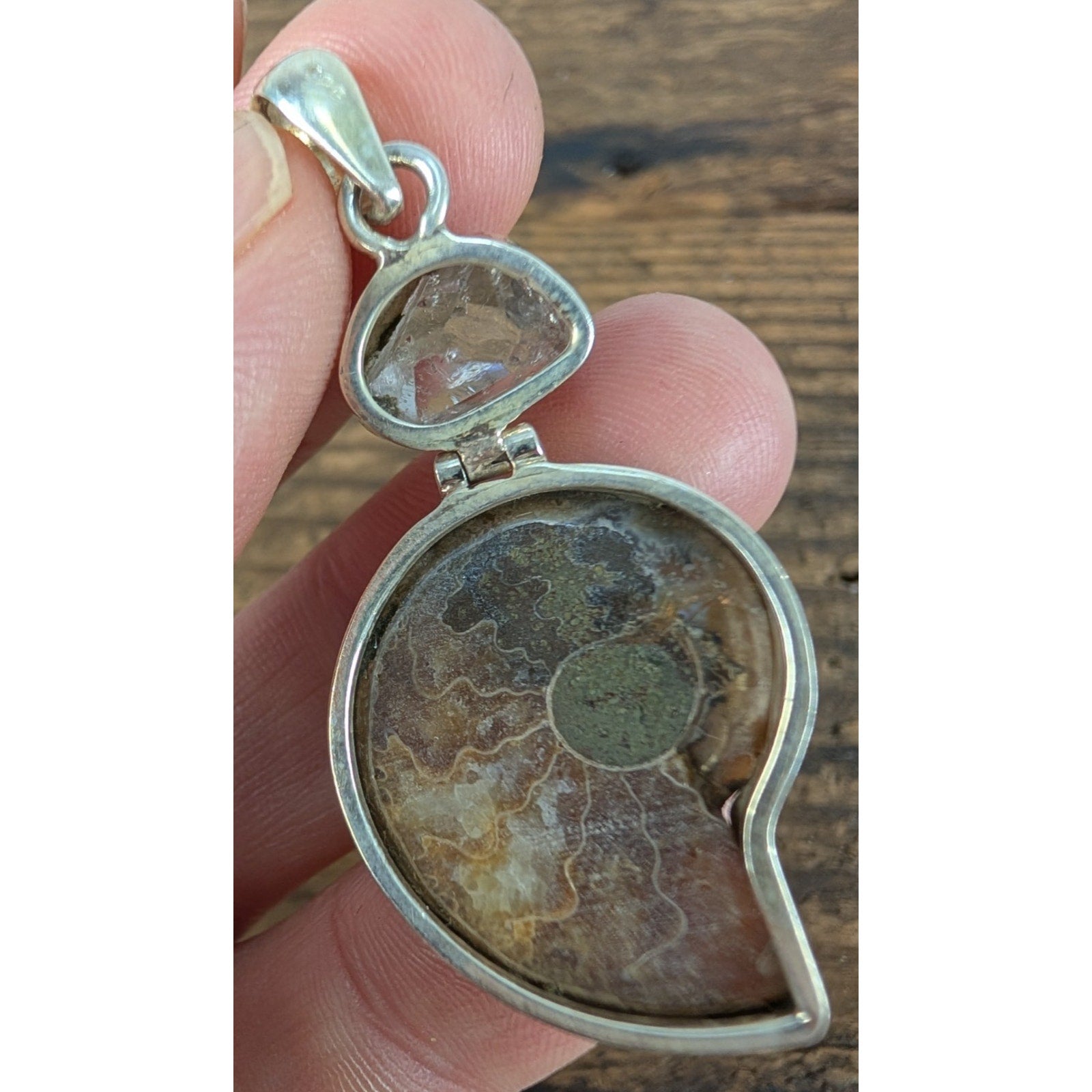 Vintage Ammonite & Raw Quartz Sterling Silver 925 Pendant