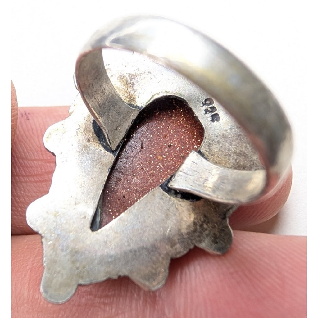 Southwestern Orange Sunstone Sterling Silver 925 Beaded Ring Size 9