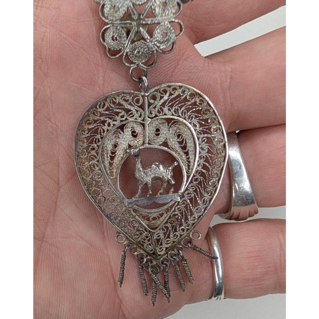 Vintage Filigree Sterling Silver 925 Heart Necklace w/ Camel 18 1/2" Tribal Peru
