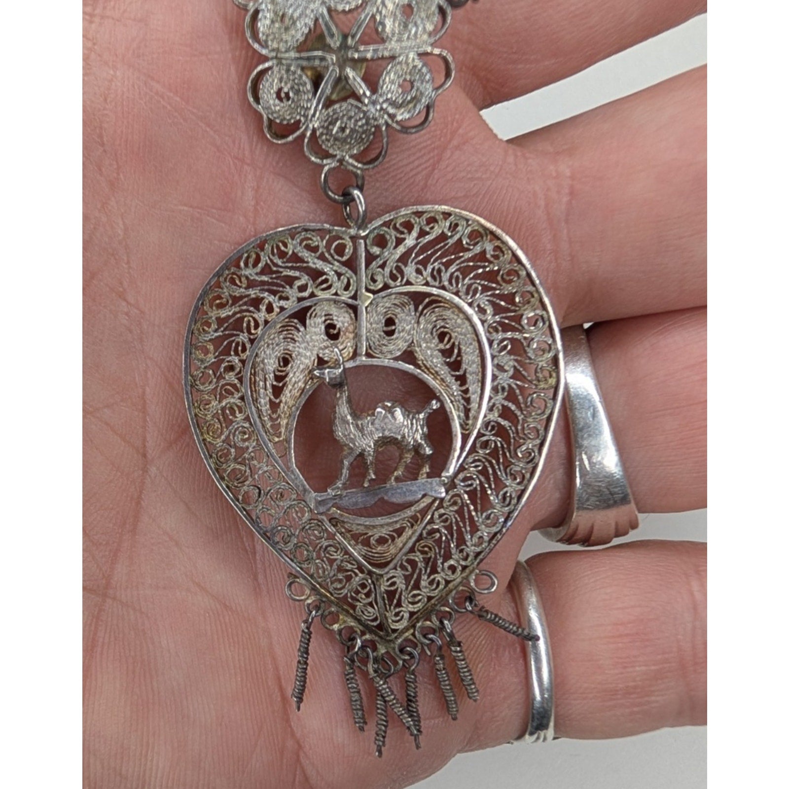 Vintage Filigree Sterling Silver 925 Heart Necklace w/ Camel 18 1/2" Tribal Peru