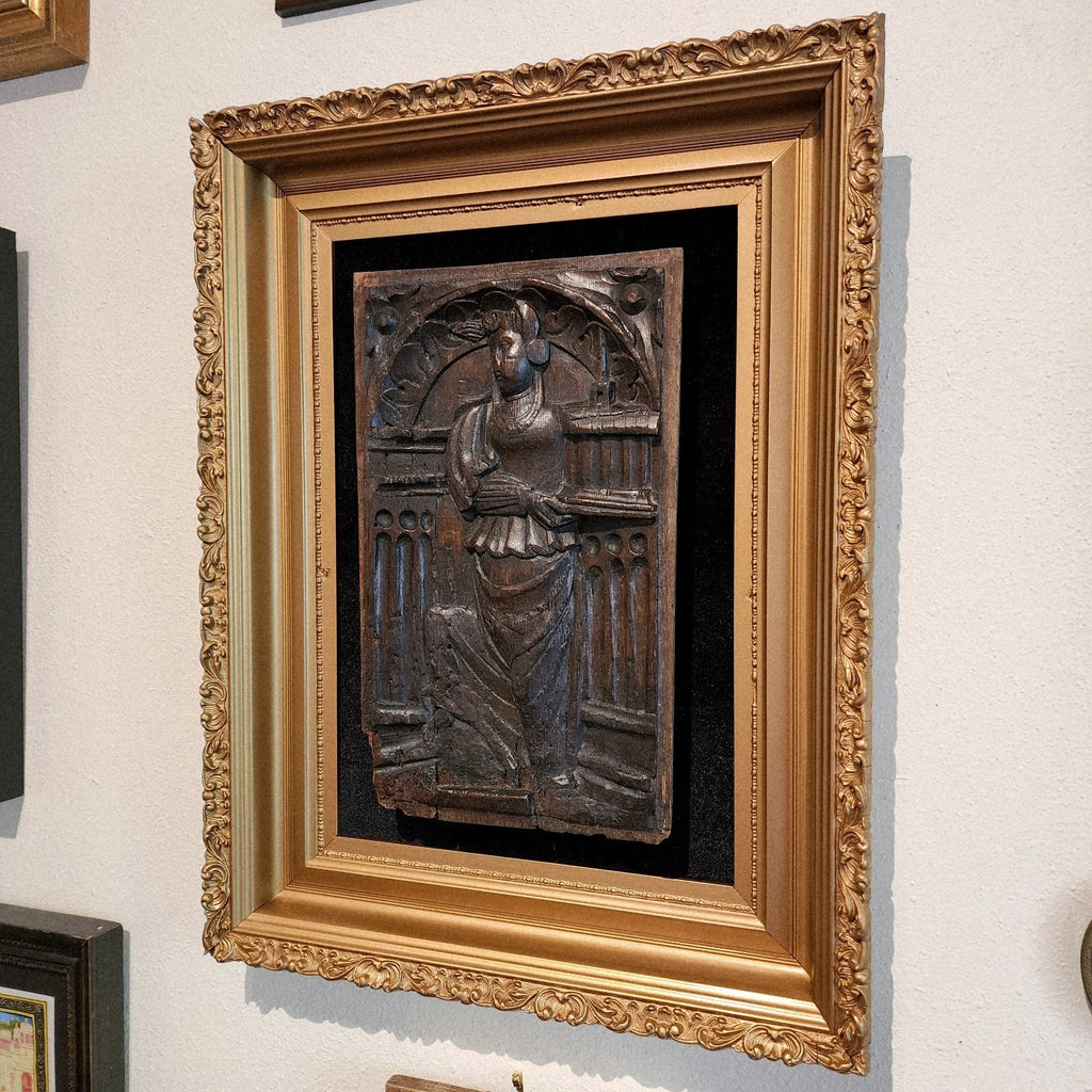 16th C Saint Barbara w Tower Wood Panel France Framed Renaissance Hand Carved