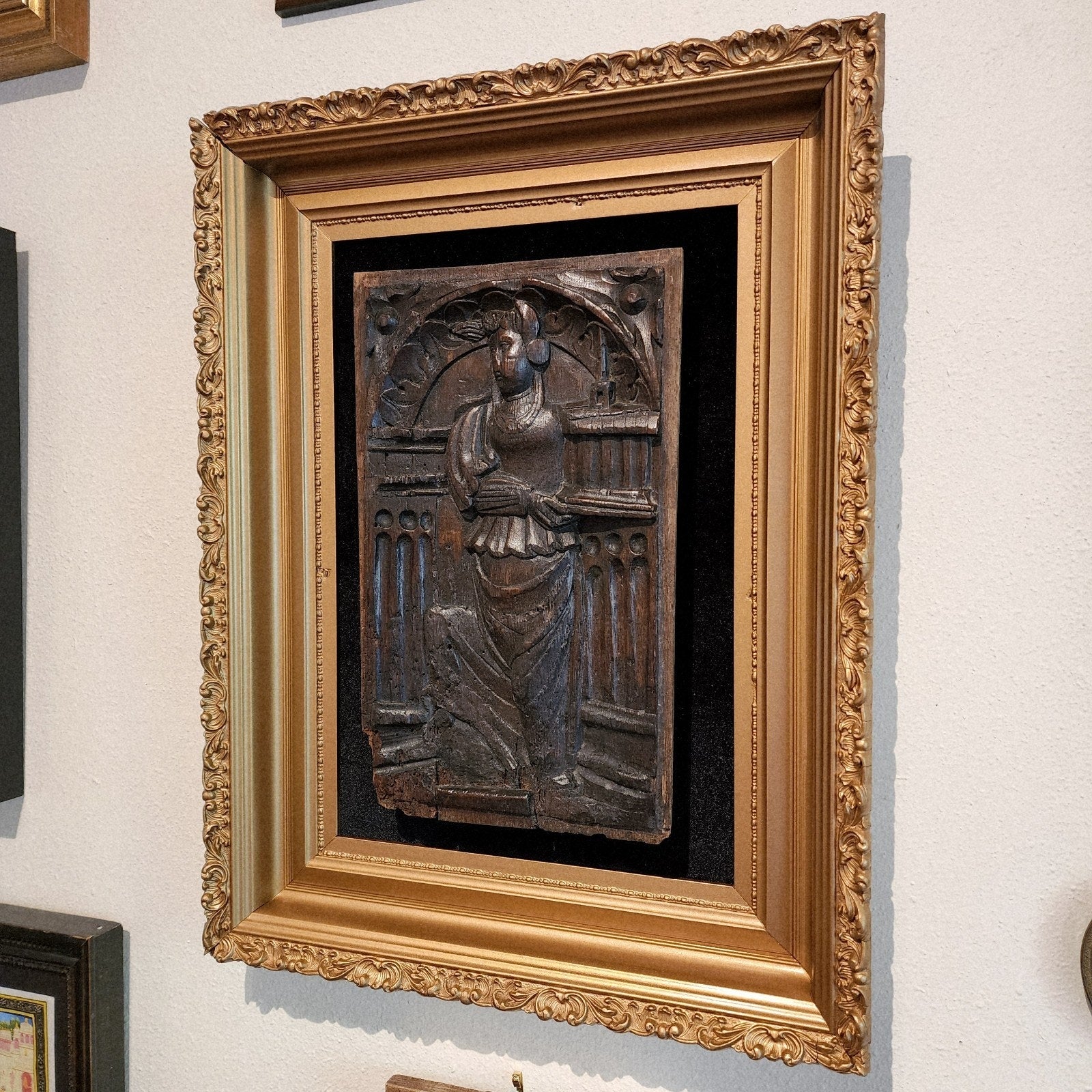 16th C Saint Barbara w Tower Wood Panel France Framed Renaissance Hand Carved