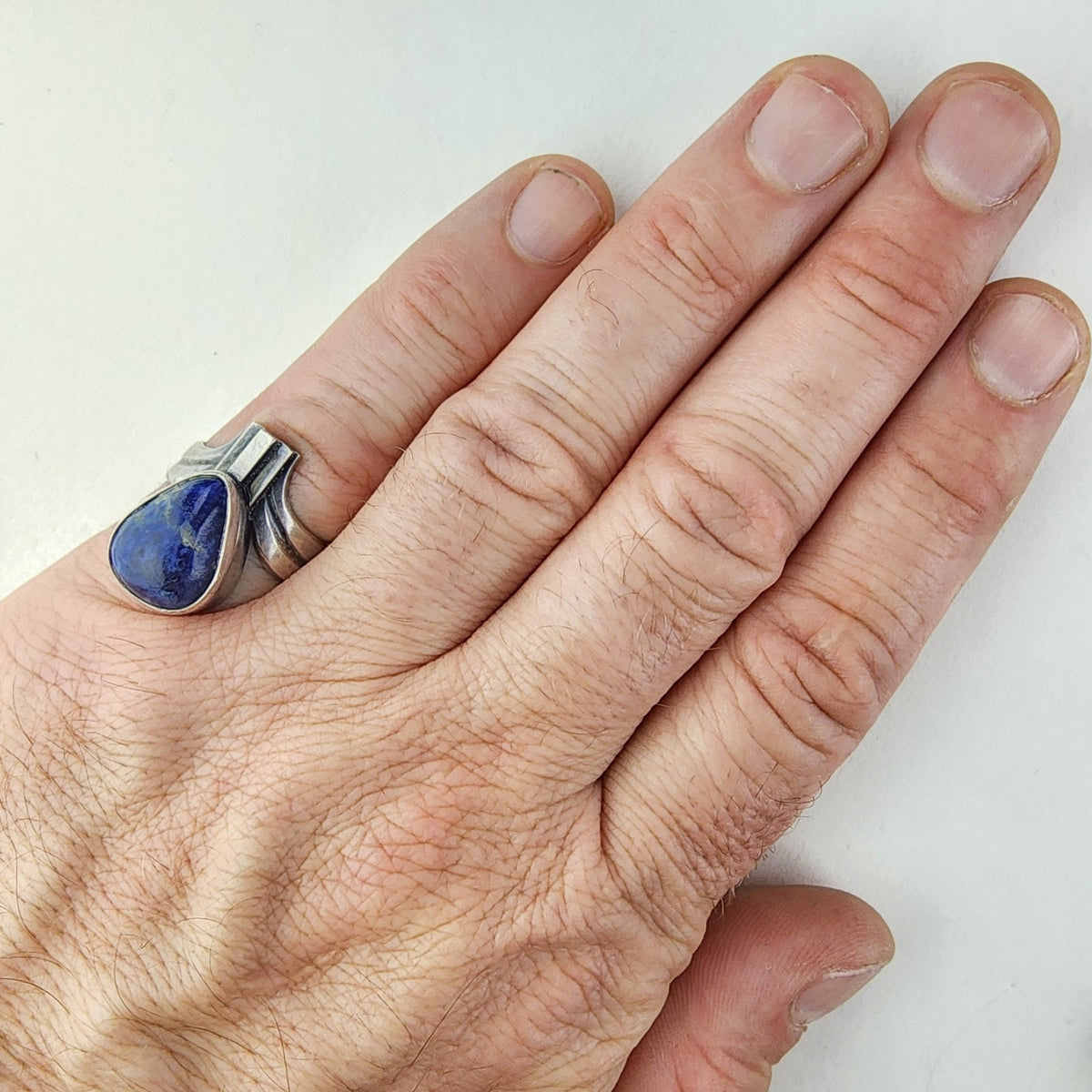 Denim Lapis Modernist Drop Ring Size 9 1/2 Sterling Silver 925 Vintage