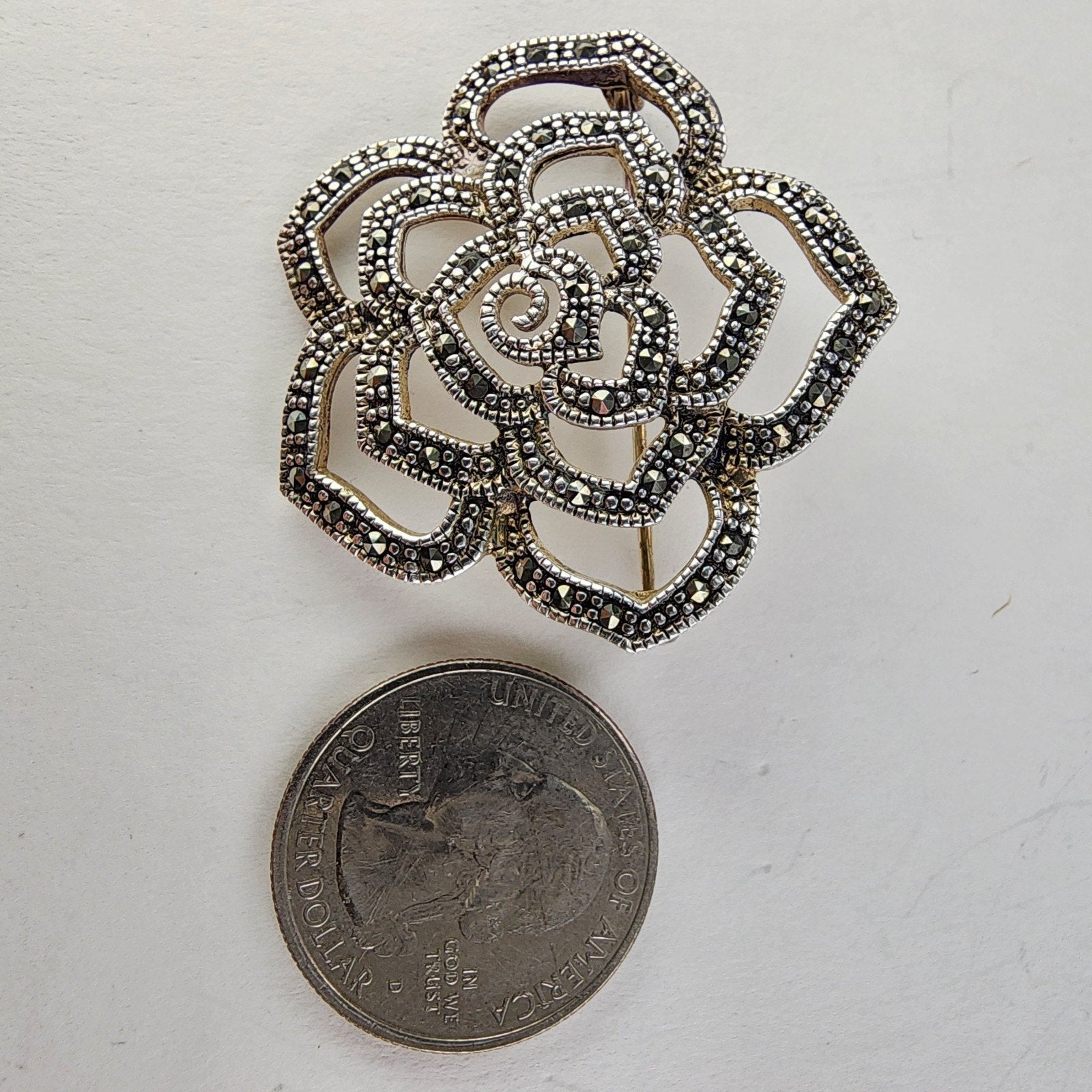 Sterling Silver 925 Marcasite Rose Flower Brooch Vintage Floral Pin