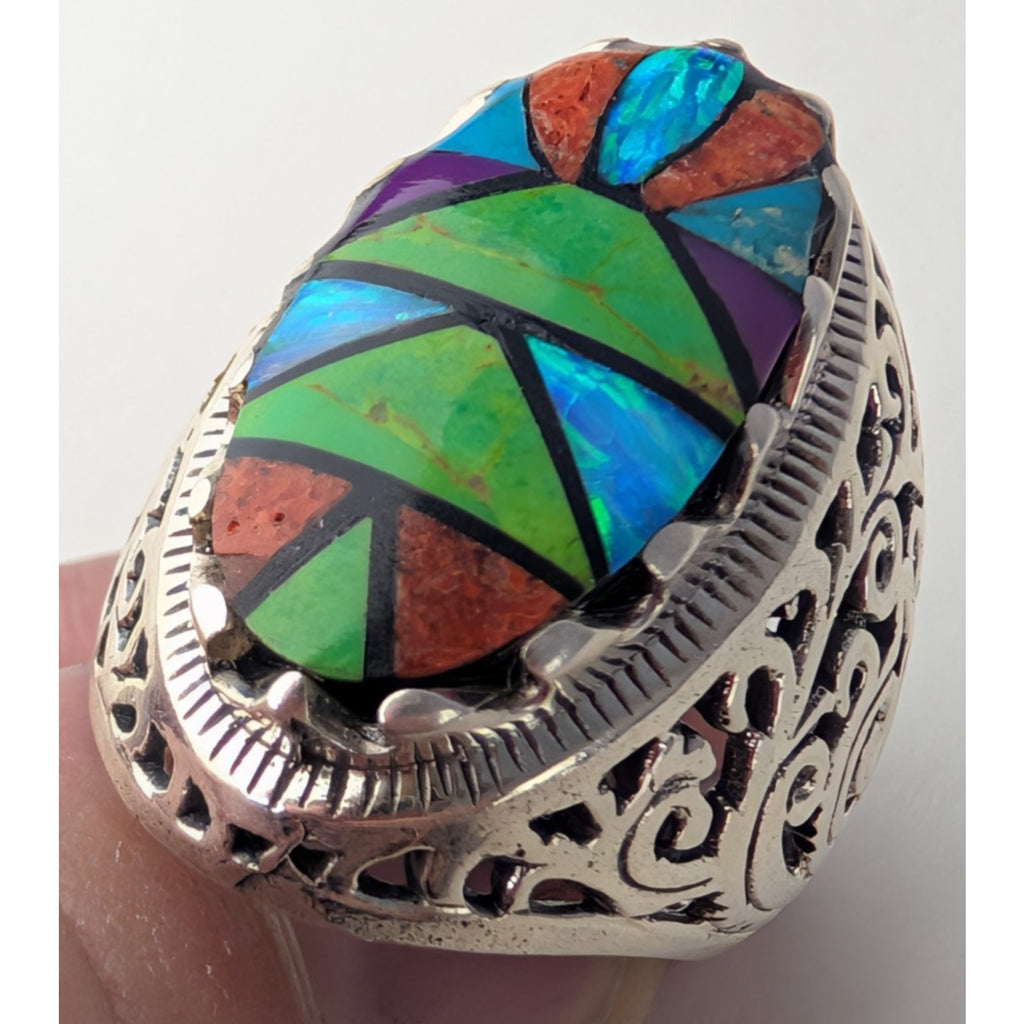 Multistone Turquoise Inlay Sterling Silver 925 Ring Size 9