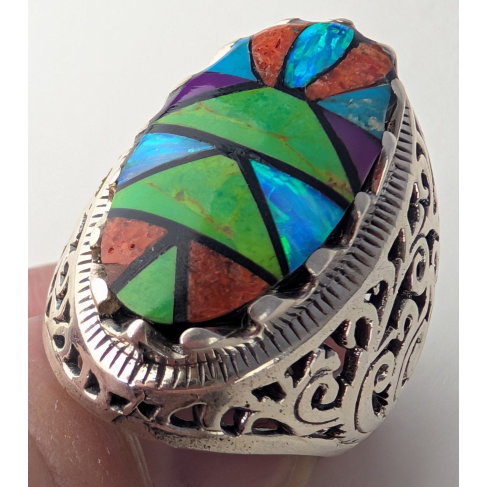 Multistone Turquoise Inlay Sterling Silver 925 Ring Size 9
