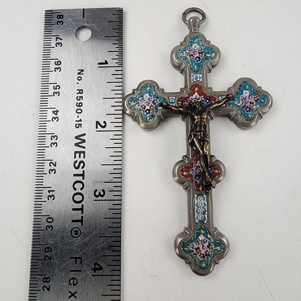 3 1/2" Antique Glass Micro Mosaic Inlay Cross Italy 19 Century