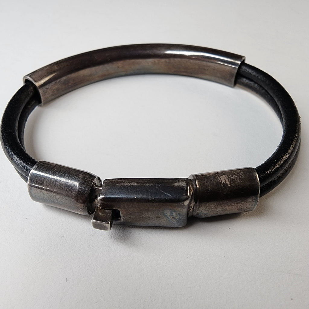 Sterling Silver 925 & Leather Taxco Mexico Cable Bracelet 7 1/4" Vintage