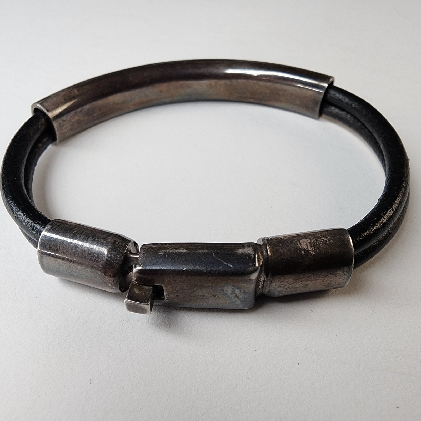 Sterling Silver 925 & Leather Taxco Mexico Cable Bracelet 7 1/4" Vintage