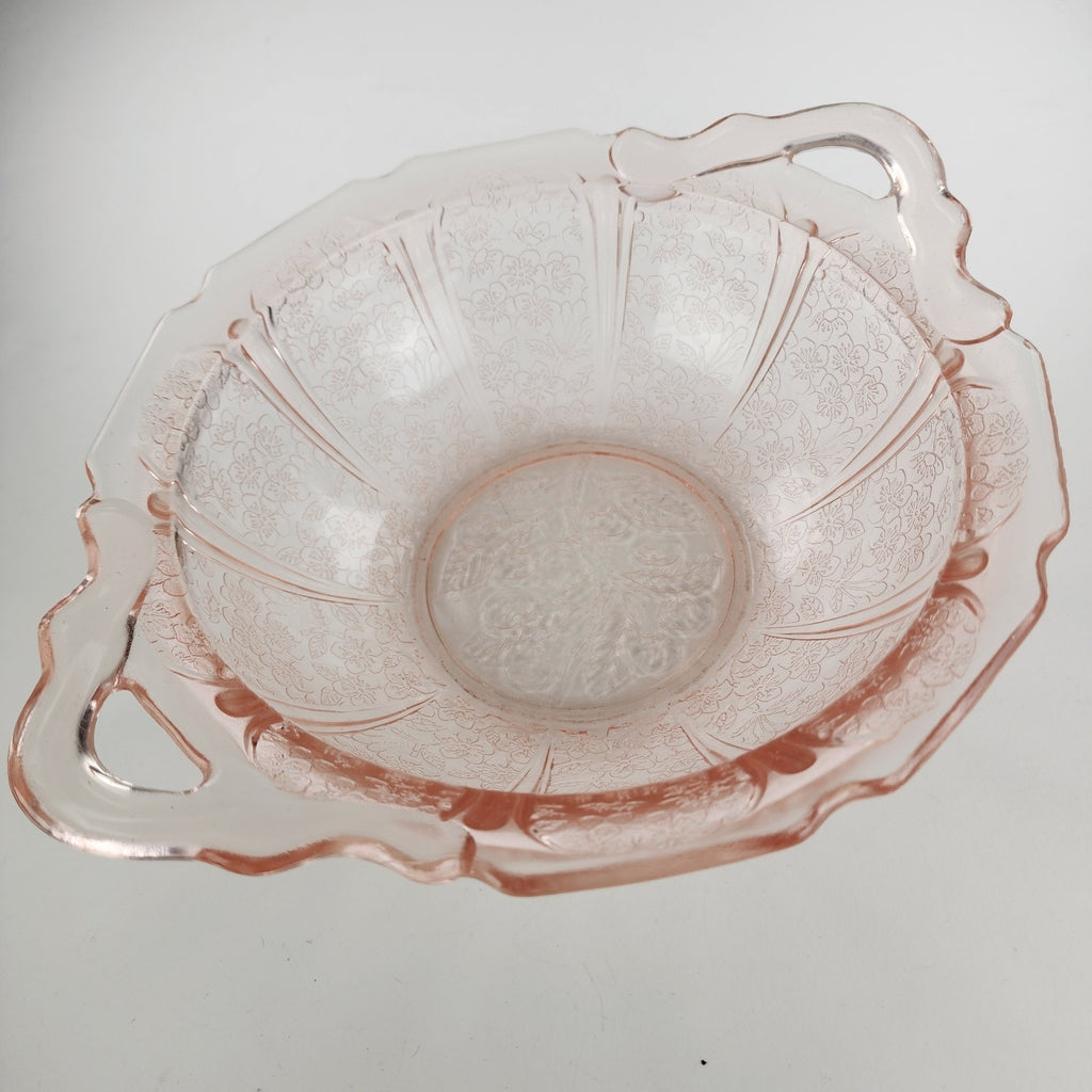 Jeanette Pink Depression Glass Handled Bowl Cherry Blossom Floral Pattern 1930s