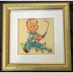 Framed Pete Hawley Sweet Boy Fishing Plaque Art MCM