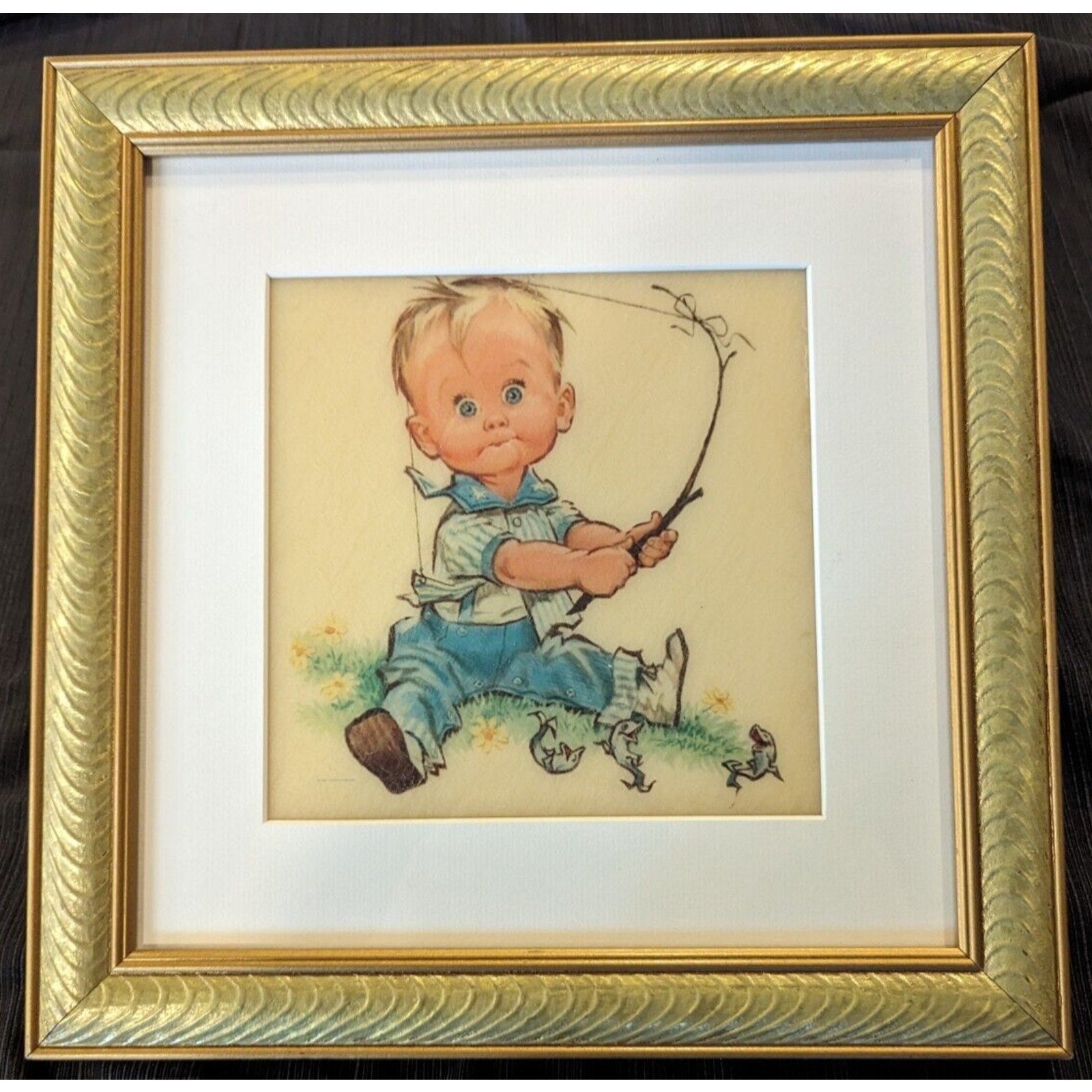 Framed Pete Hawley Sweet Boy Fishing Plaque Art MCM