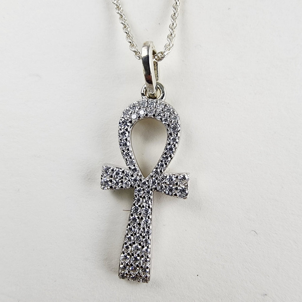 22" Moissanite Ankh Necklace Sterling Silver 925 New Iced Out