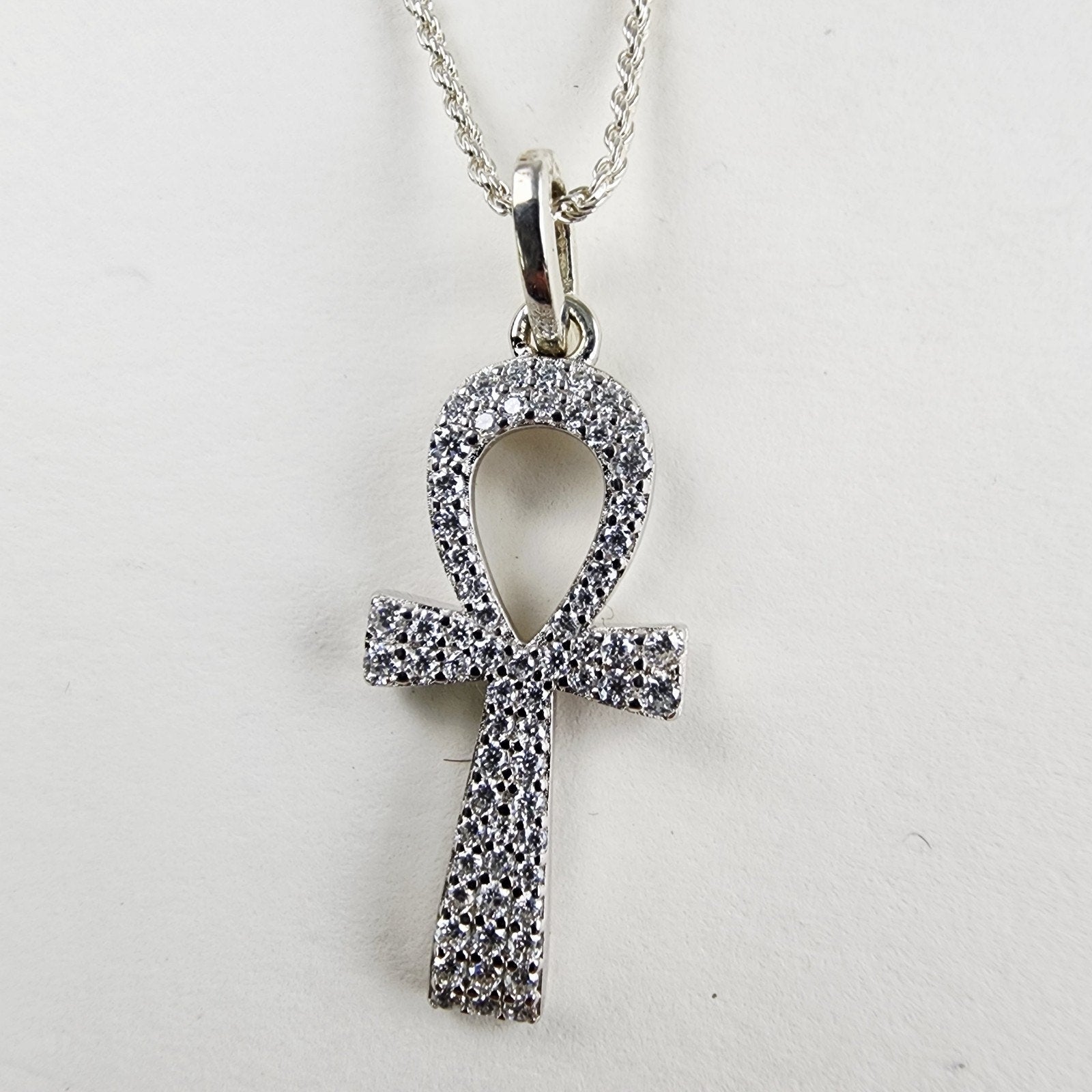 22" Moissanite Ankh Necklace Sterling Silver 925 New Iced Out