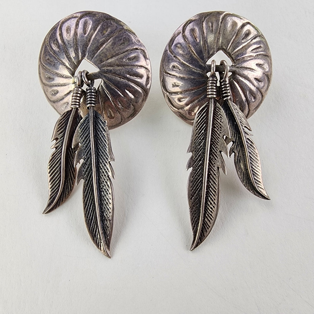 Old Pawn Stamped Feather Concho Earrings Sterling Silver 925 Native Vintage