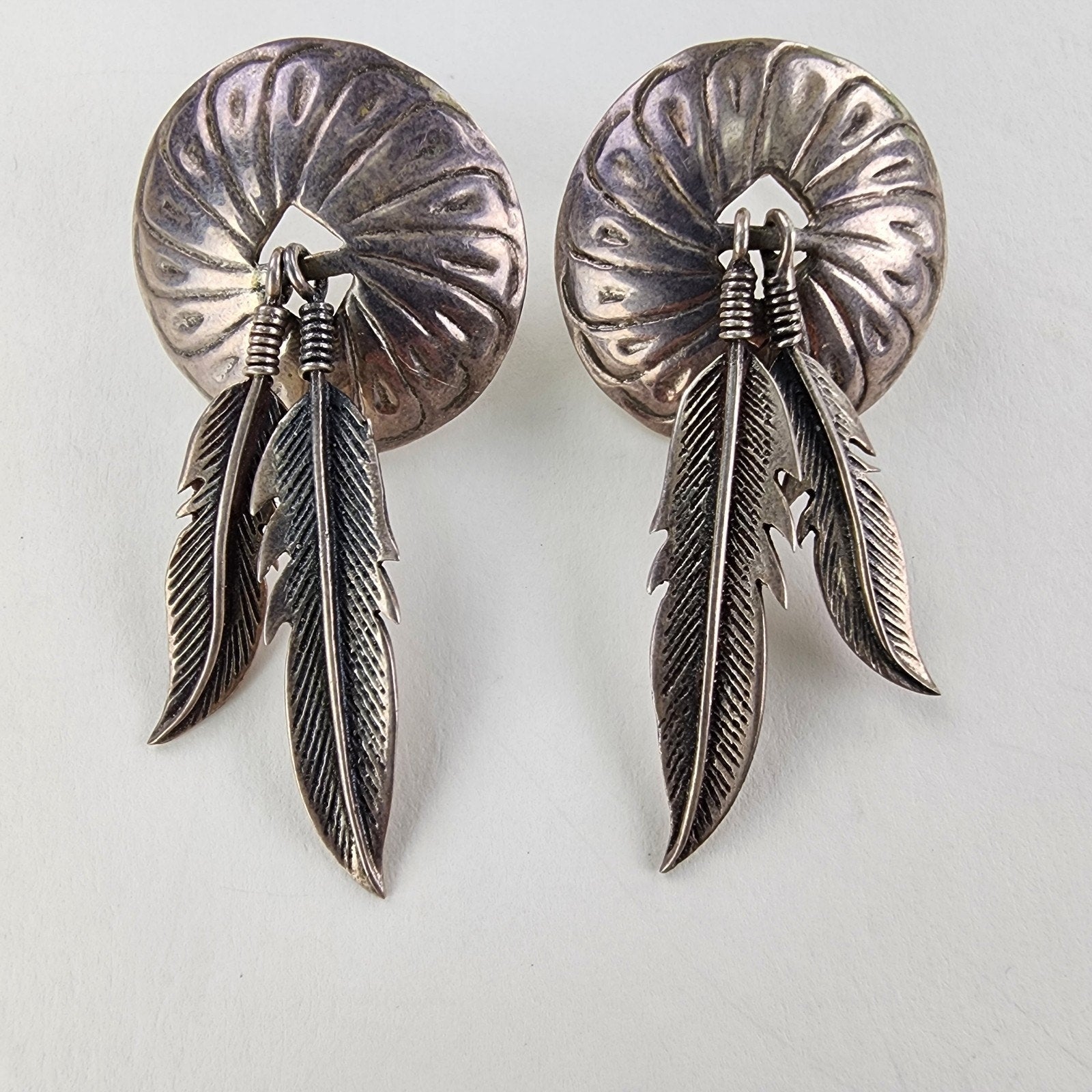 Old Pawn Stamped Feather Concho Earrings Sterling Silver 925 Native Vintage