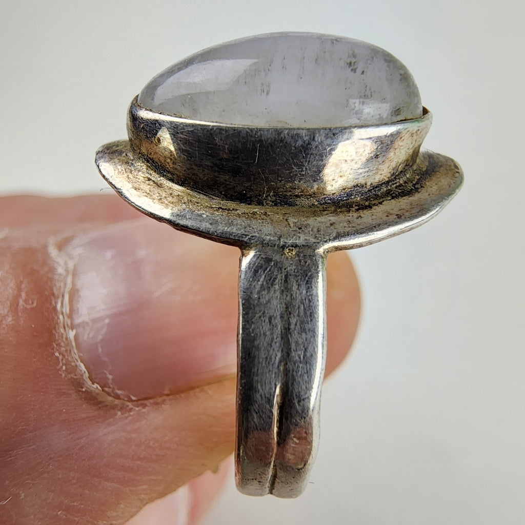 Modernist Rainbow Moonstone Cabochon Ring Size 8 Sterling Silver 925 Vintage