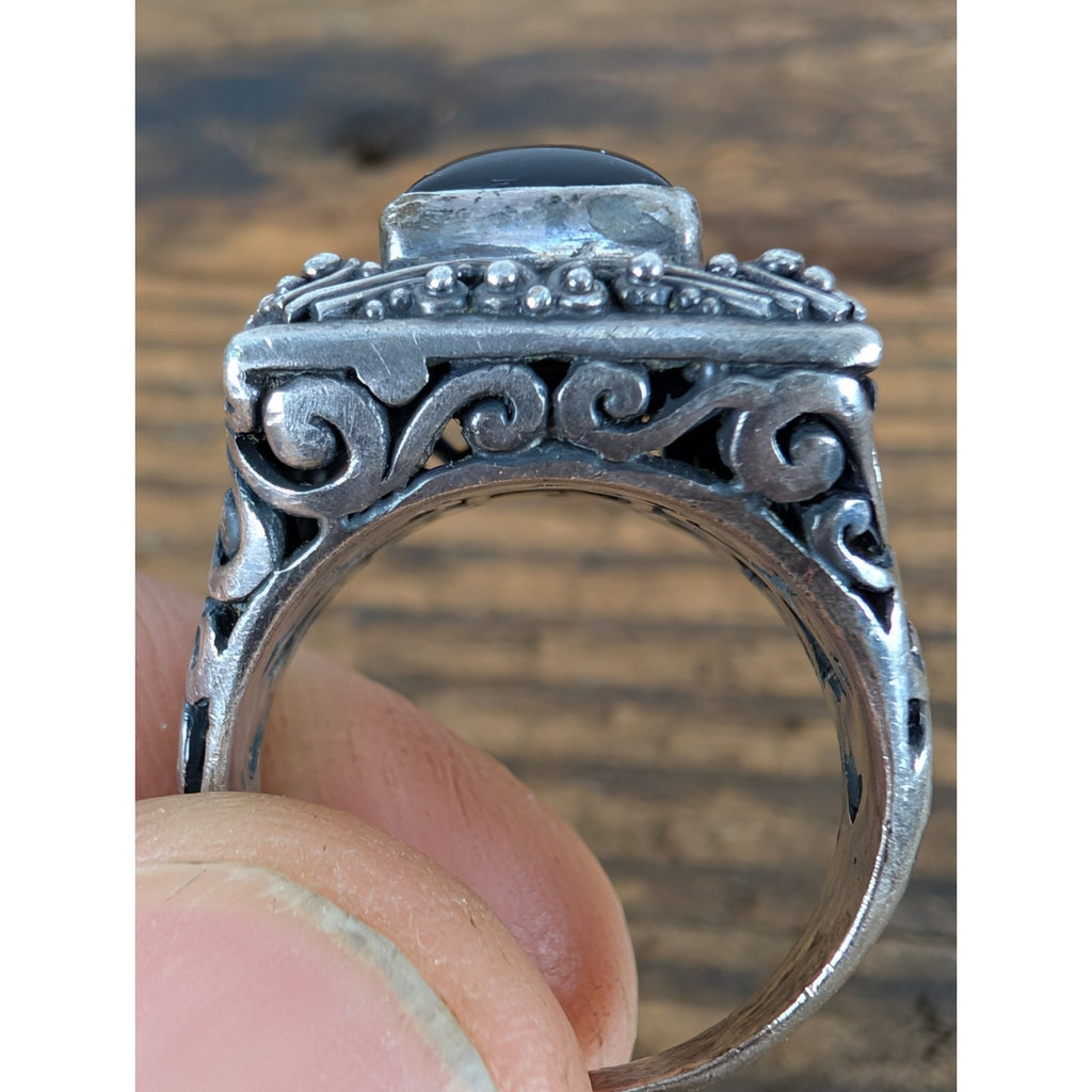 Vintage Bali Black Onyx Sterling Silver 925 Ring Size 7