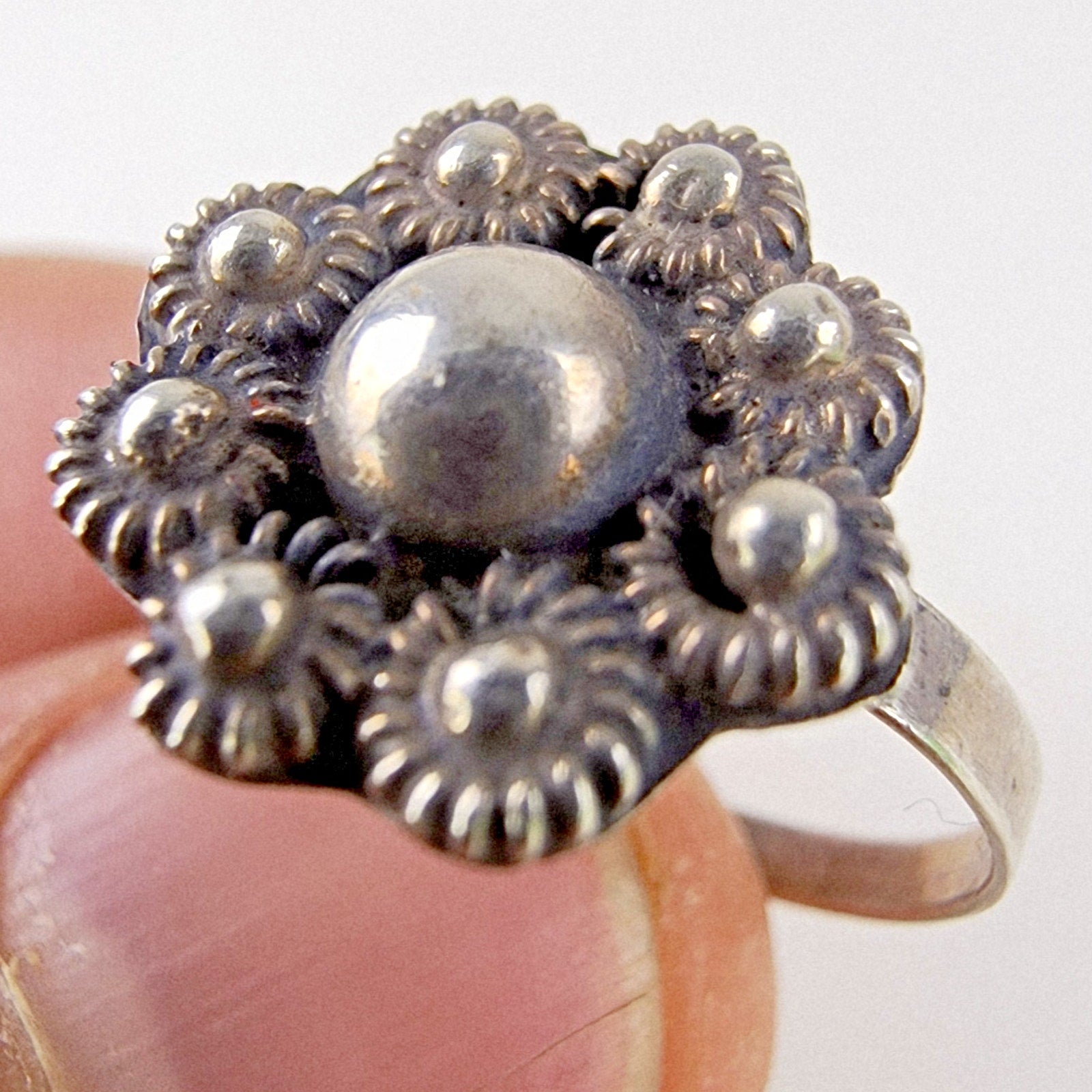 Taxco Floral Bead Cluster Ring Size 7 1/2 Sterling Silver 925 Vintage