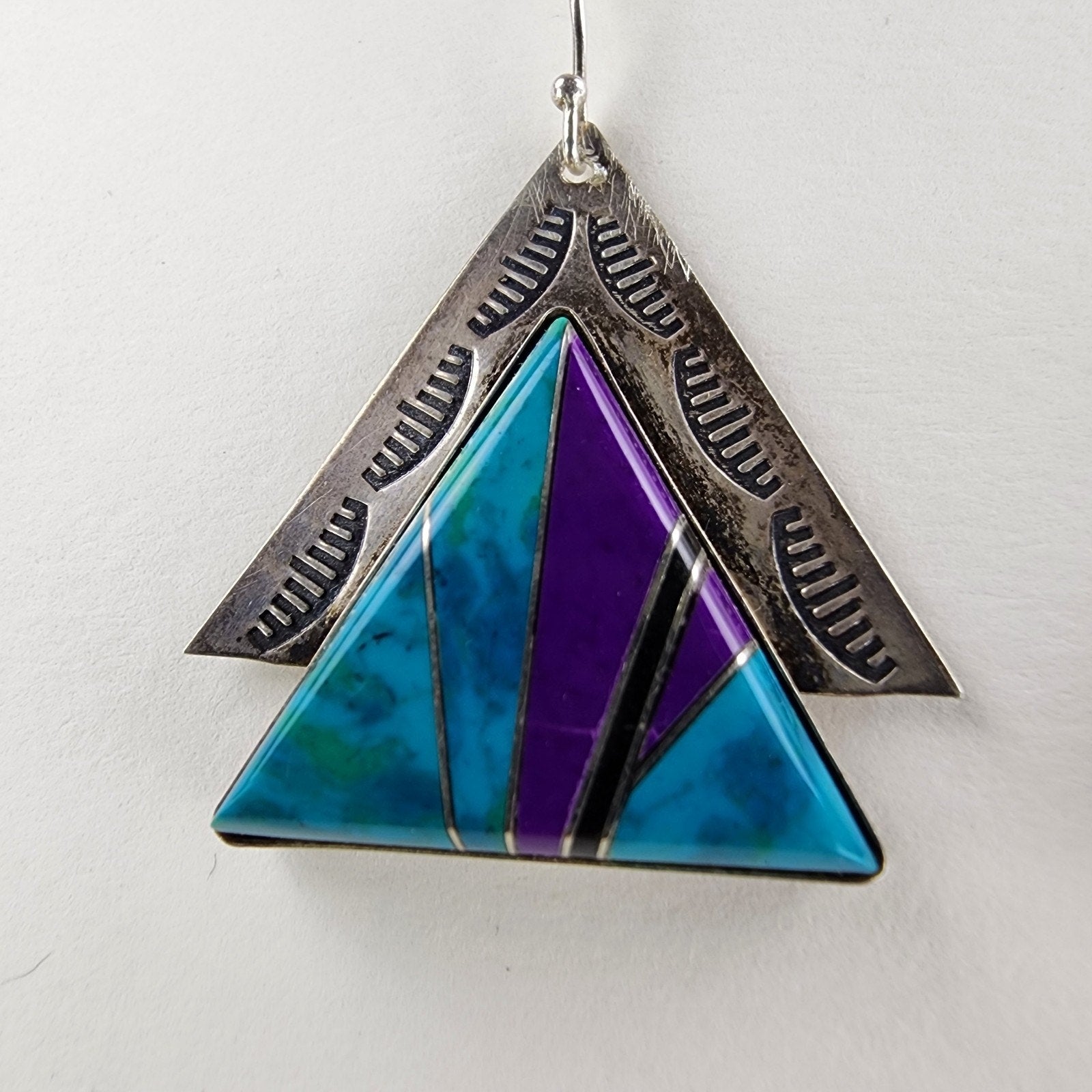 Sunwest Turquoise Inlay Stamped Earrings Sterling Silver 925 Vintage Dangle
