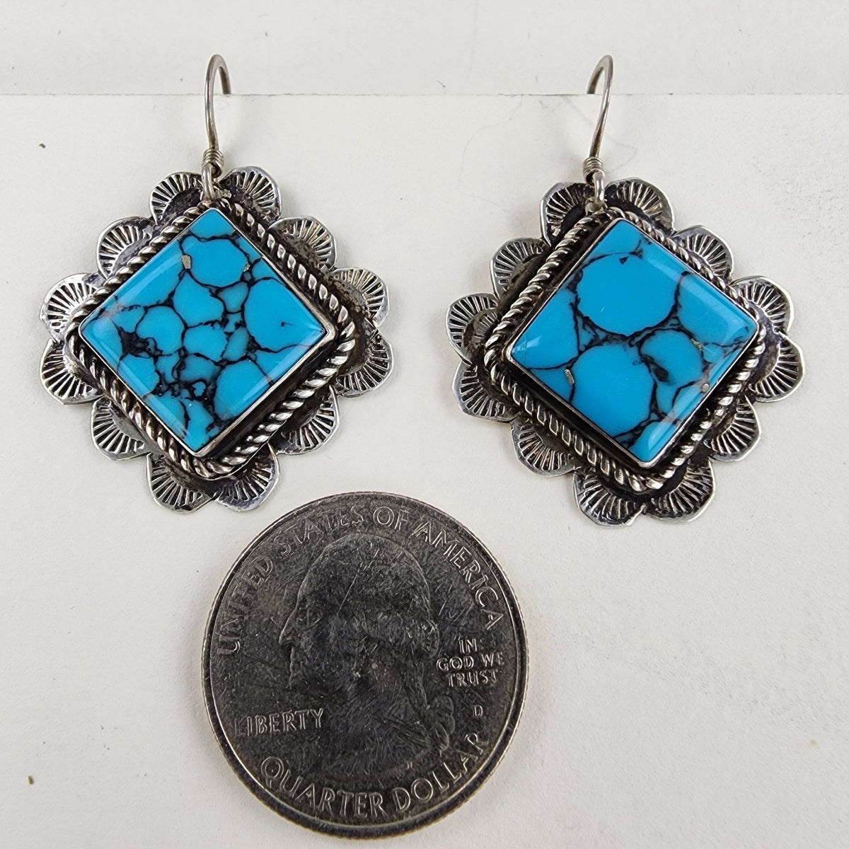 Spiderweb Turquoise Stamped Native Earrings Sterling Silver 925 Vintage