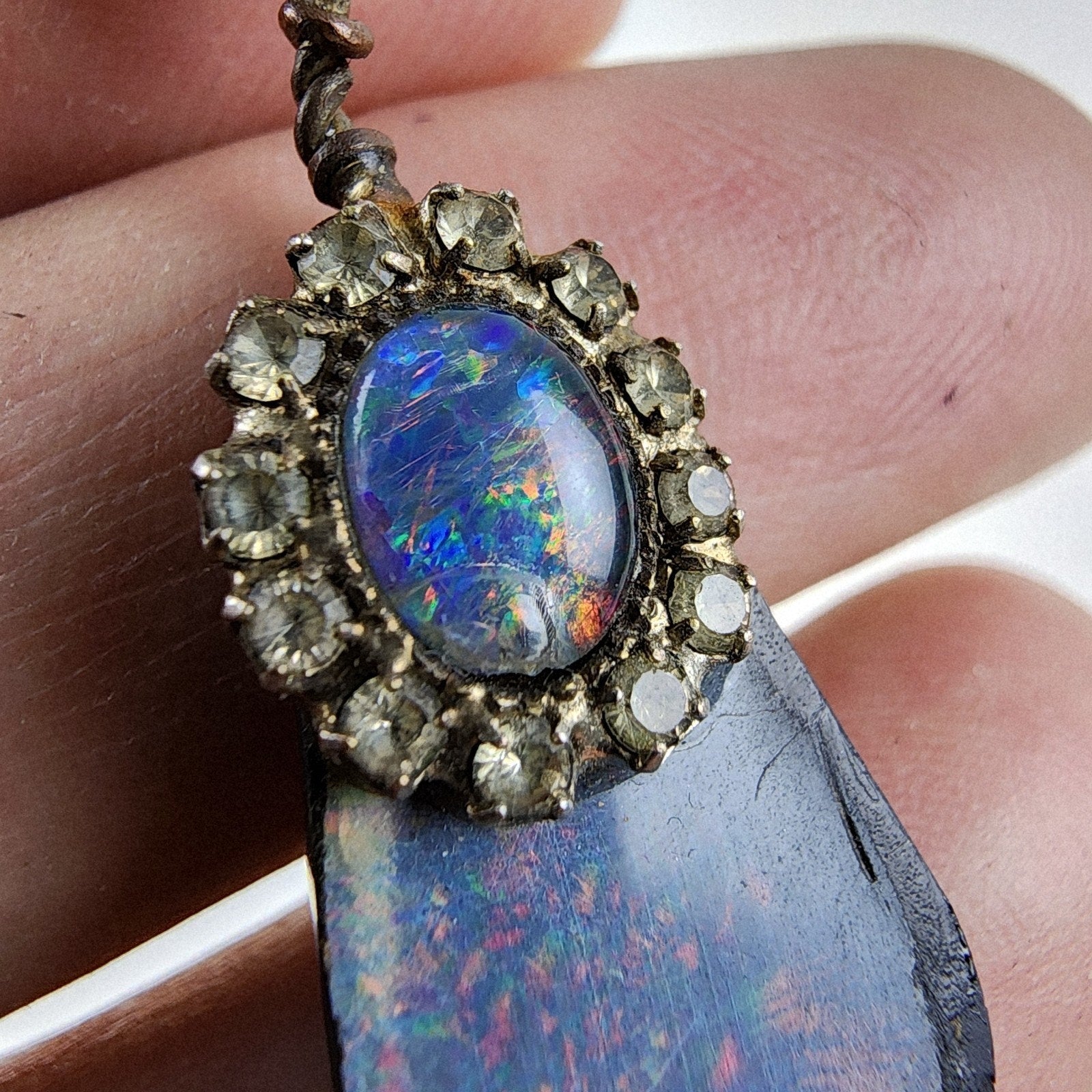 Bohemian Black Opal Necklace with Silver Tone Chain