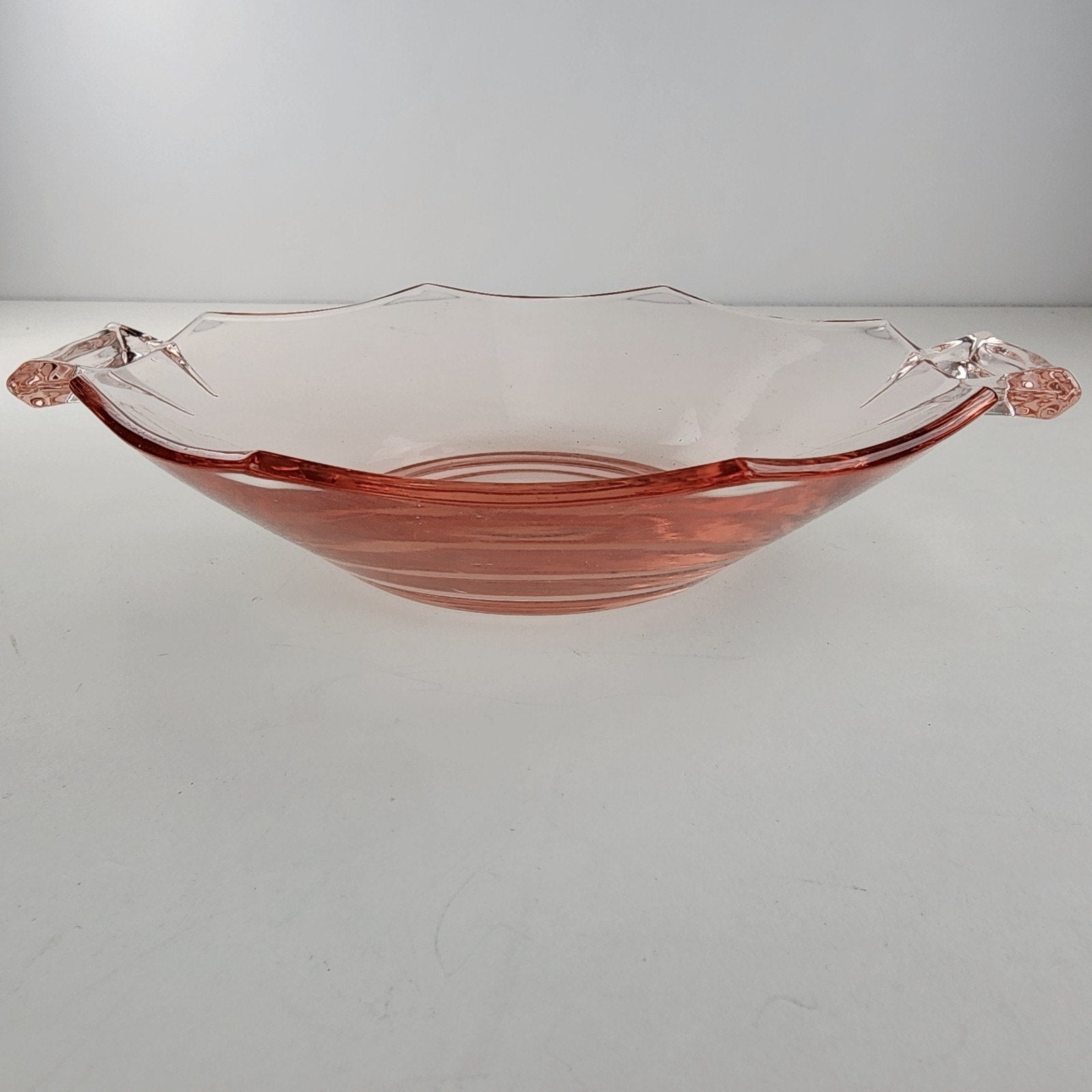 7" Pink Octagon Depression Glass Double Handled Scalloped Bowl