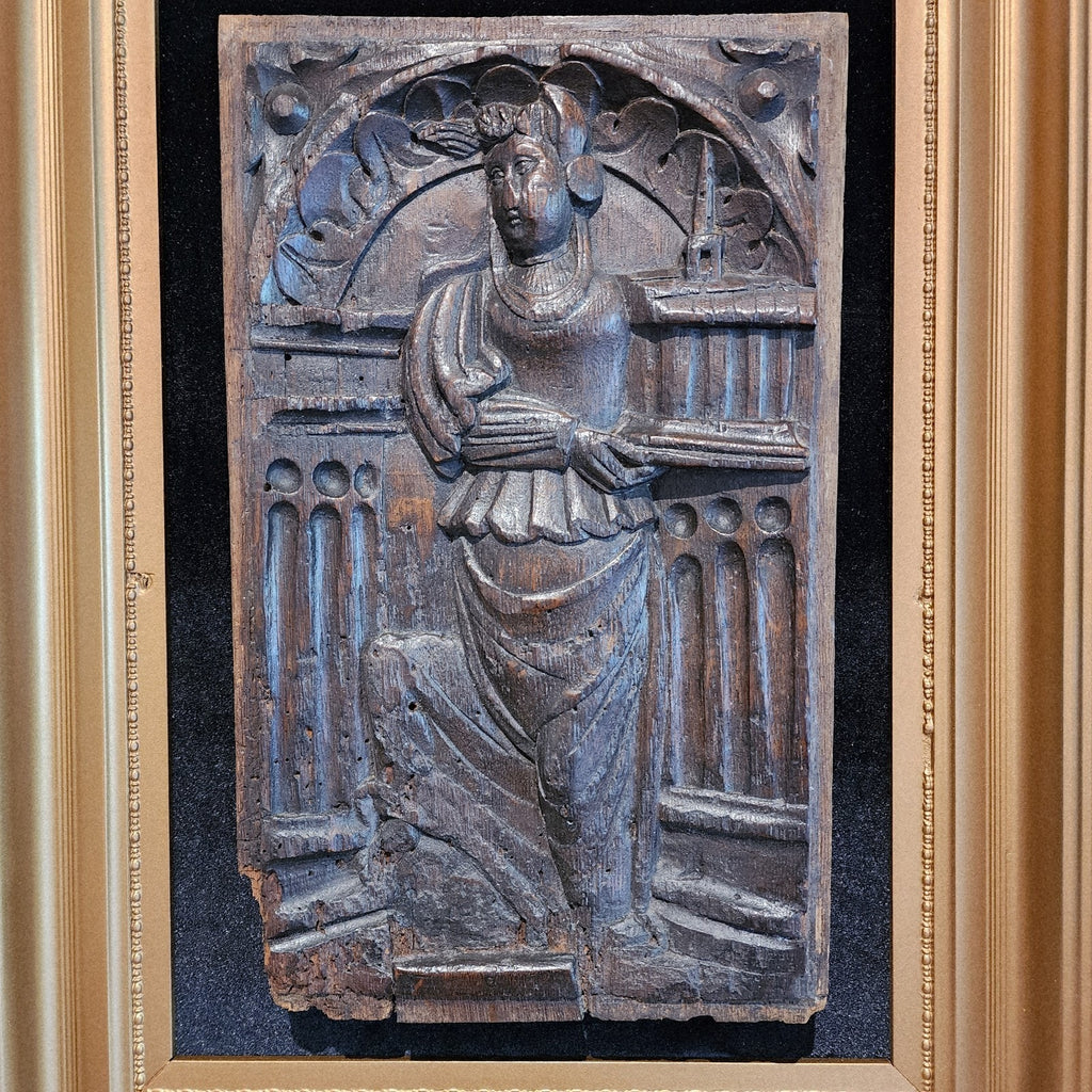 16th C Saint Barbara w Tower Wood Panel France Framed Renaissance Hand Carved