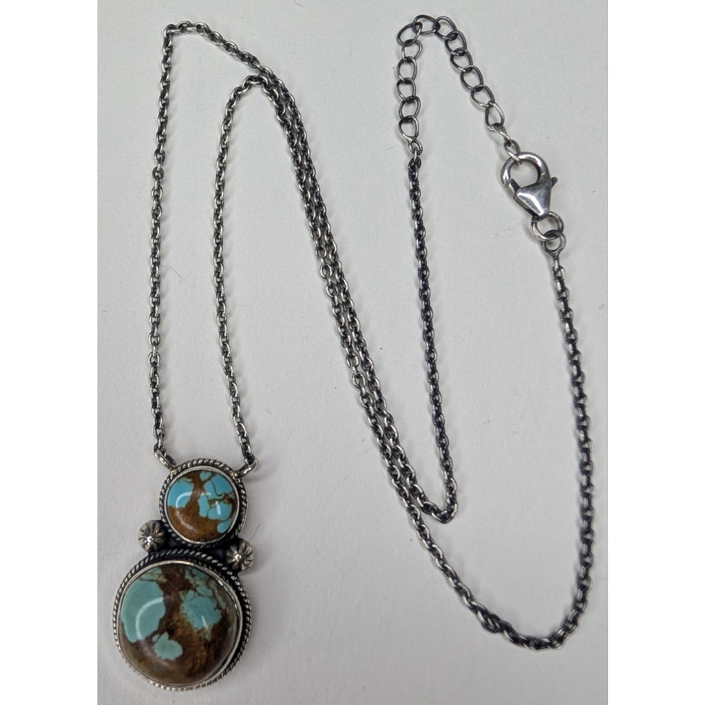 Southwestern Sterling Silver 925 Turquoise Double Stone Pendant Necklace