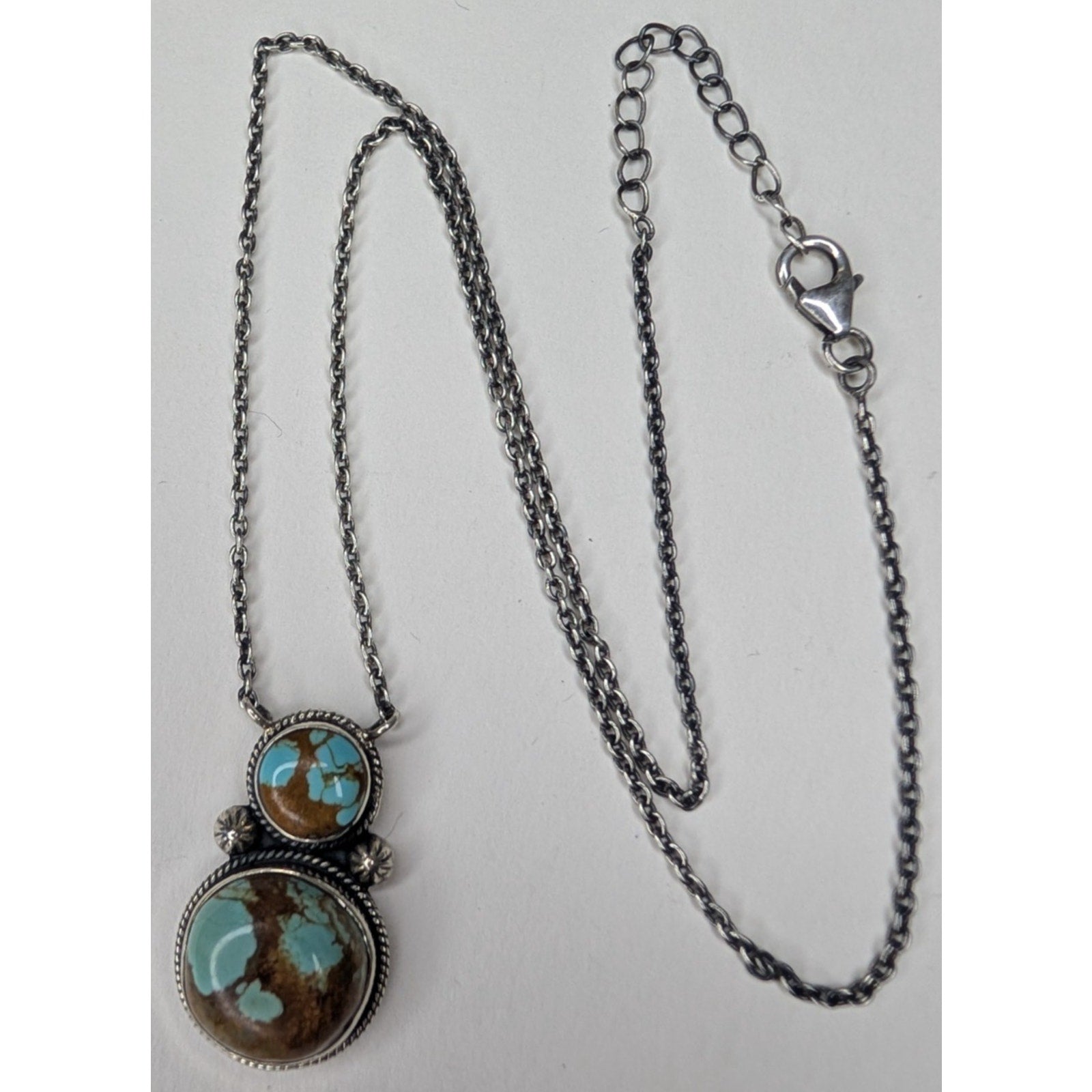 Southwestern Sterling Silver 925 Turquoise Double Stone Pendant Necklace
