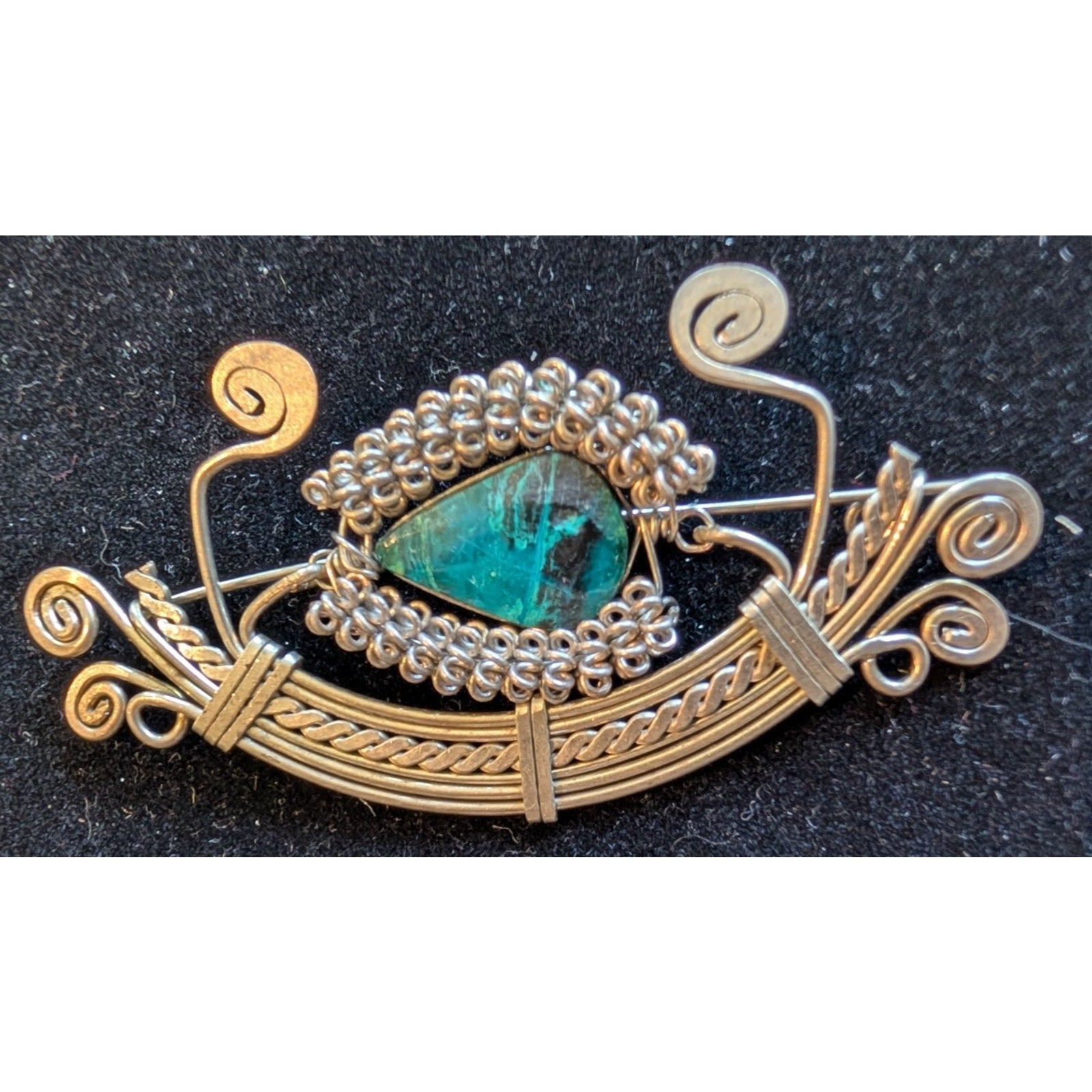 Vintage Turquoise Sterling Silver 925 Wire Wrap Handmade Brooch Pin