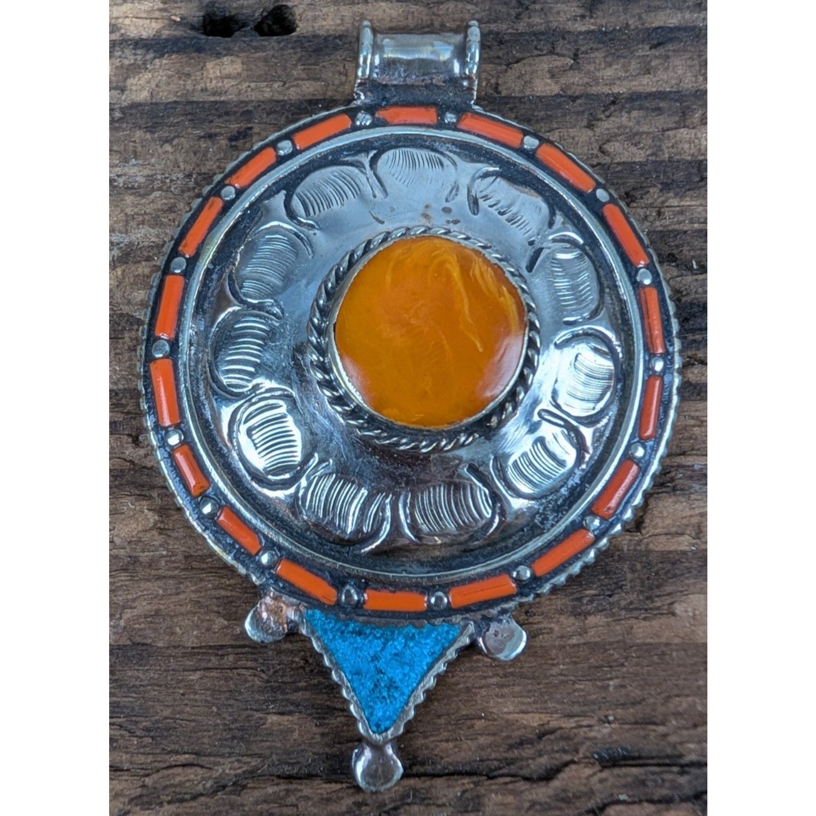 Tibetan Silver Copal Turquoise and Coral Pendant
