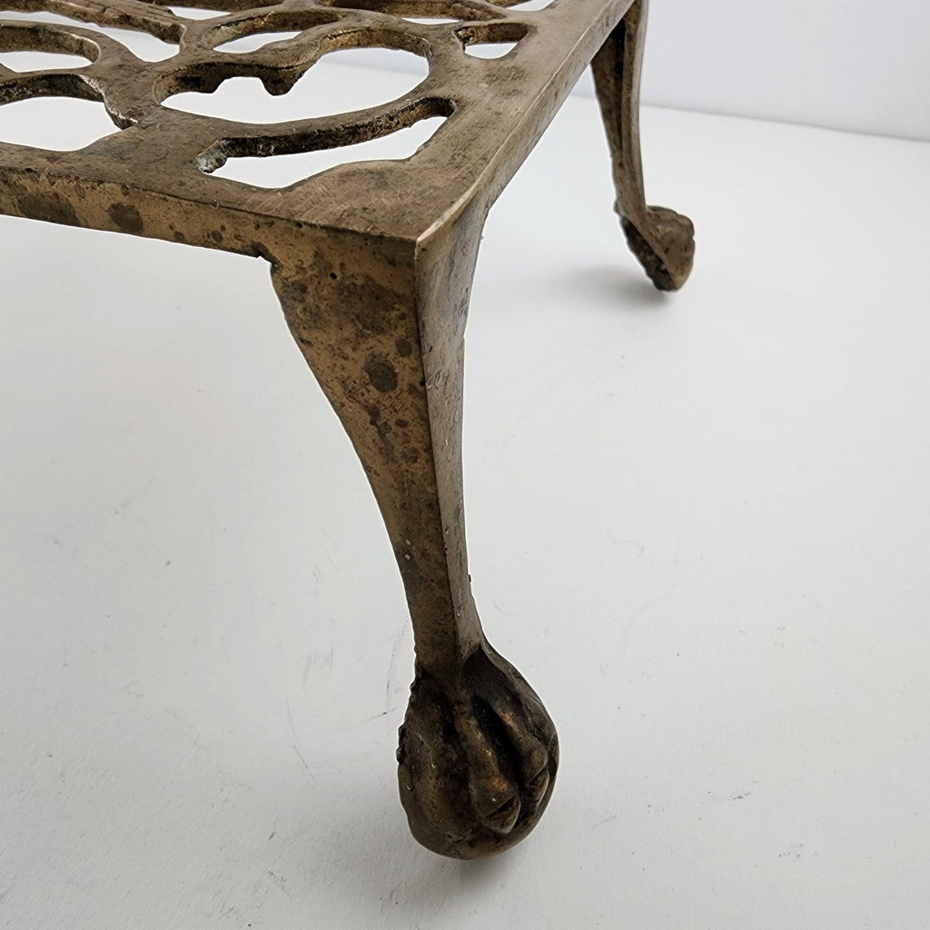 Antique Footed Brass Trivet Kettle Rest with Bird Decoration