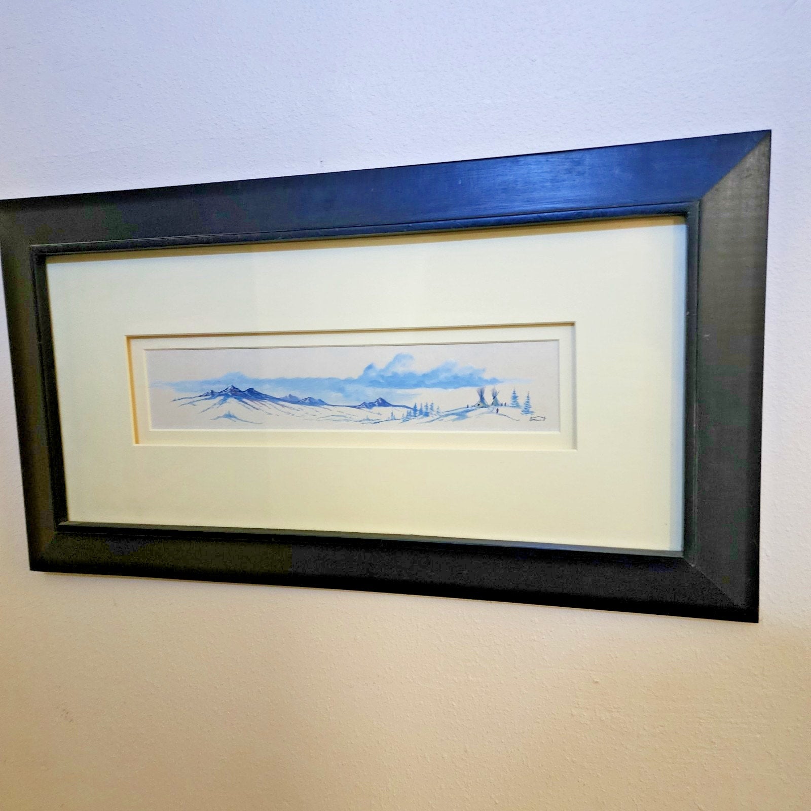 Tonalist Winter Mountain Landscape Scene Watercolor Painting by J Malkin