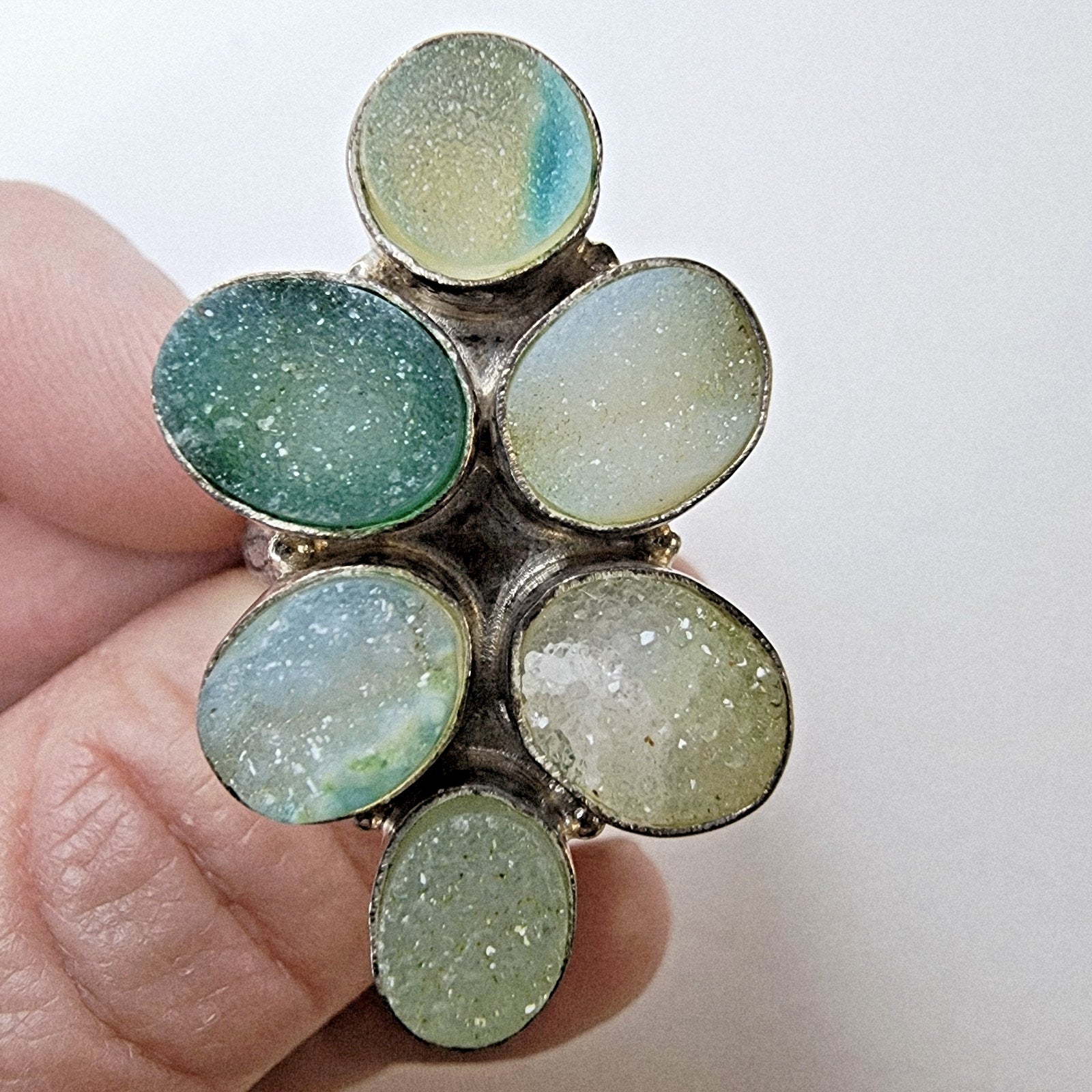 Green Druzy Cluster Ring Size 9 1/2 Sterling Silver 925 Vintage