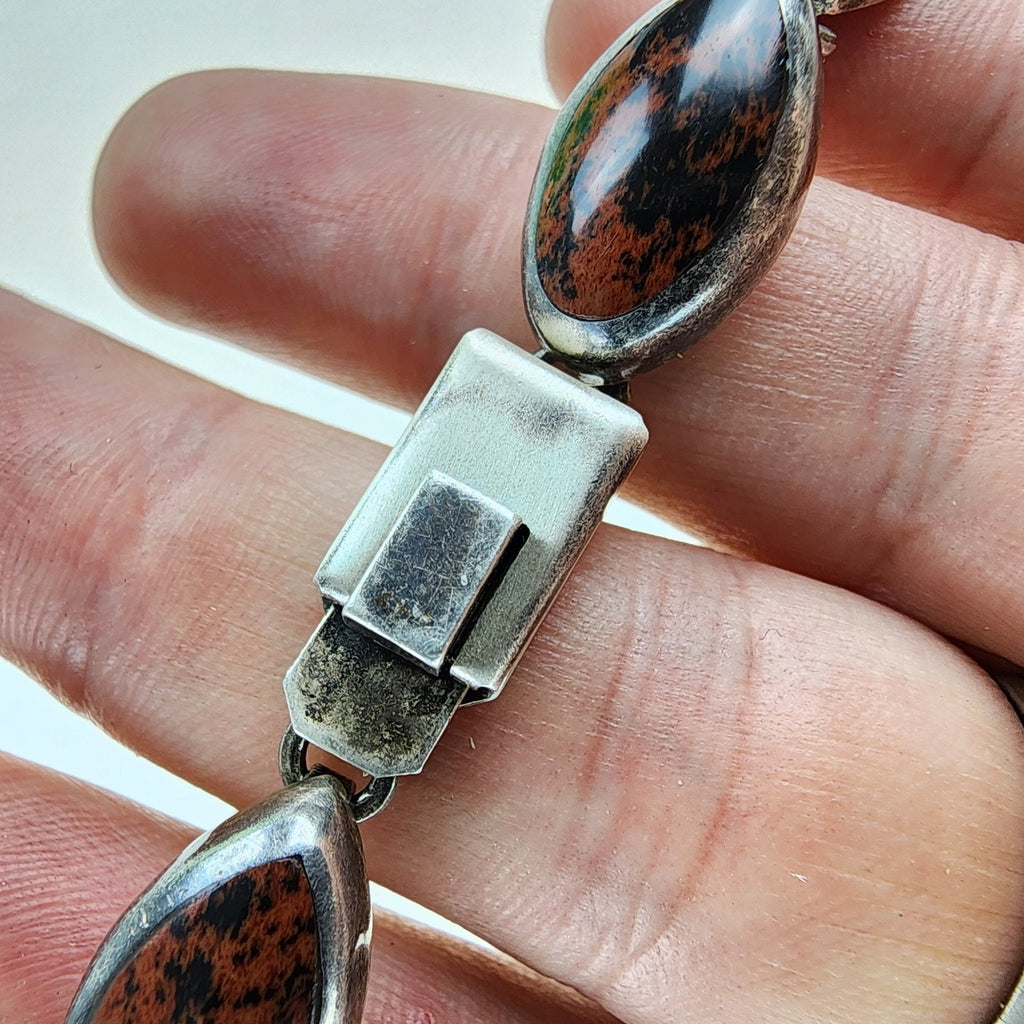 7 1/2" Mahogany Obsidian Inlay Taxco Bracelet Sterling Silver 950