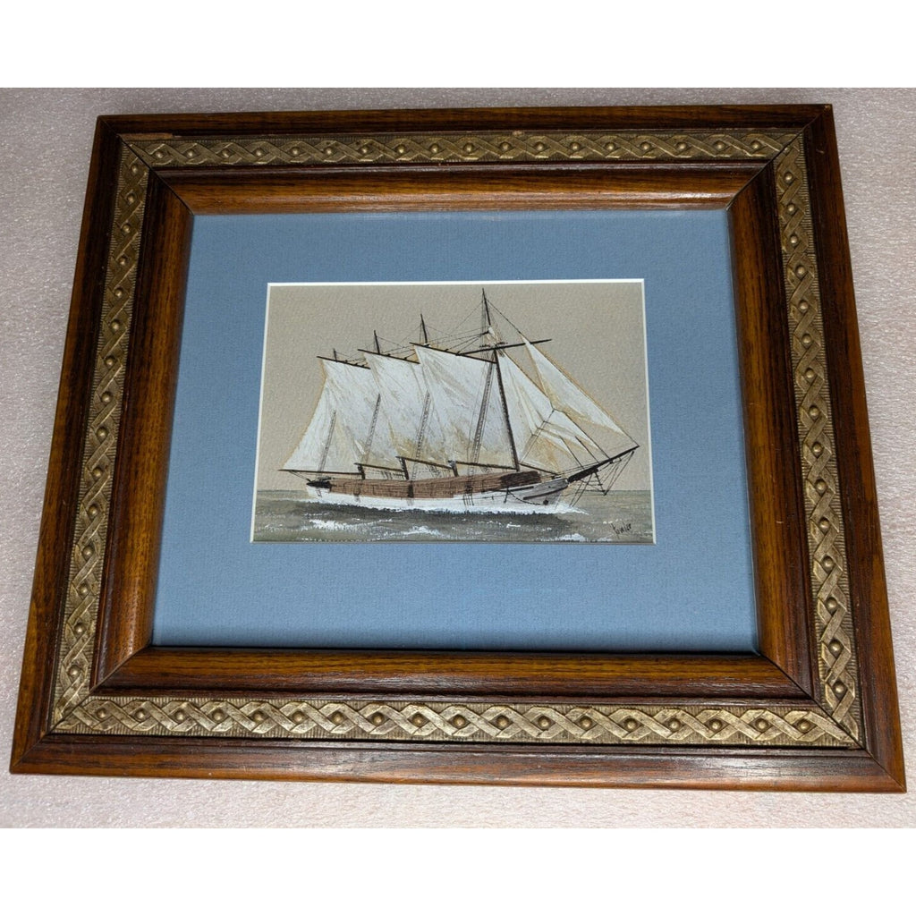 ERNEST TOWLER Sailing Ship Gouache Watercolor Painting - Beautifully Framed