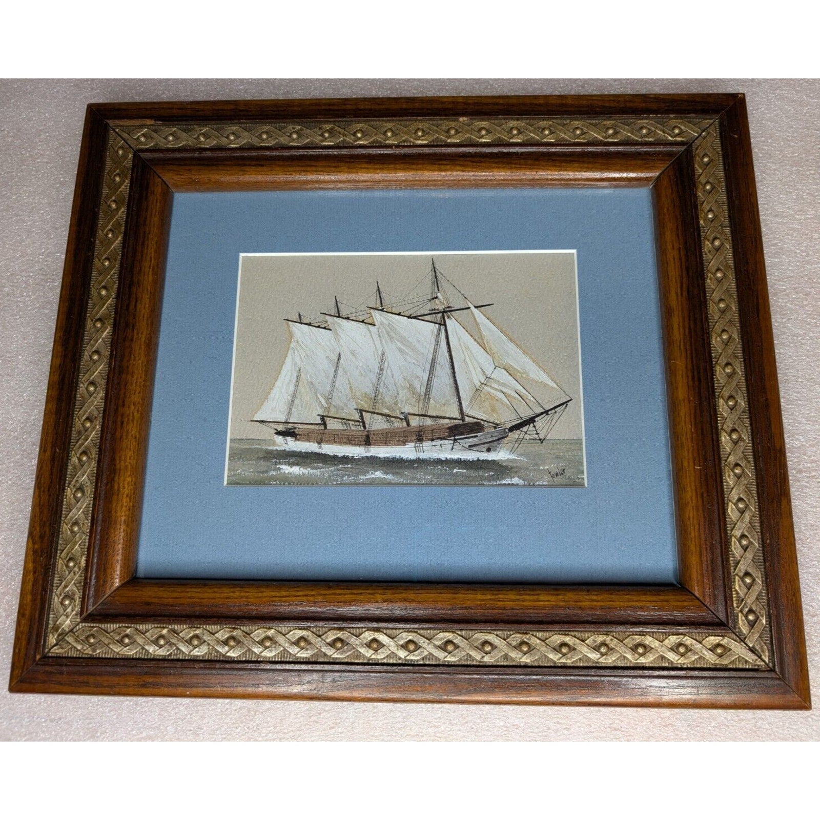 ERNEST TOWLER Sailing Ship Gouache Watercolor Painting - Beautifully Framed