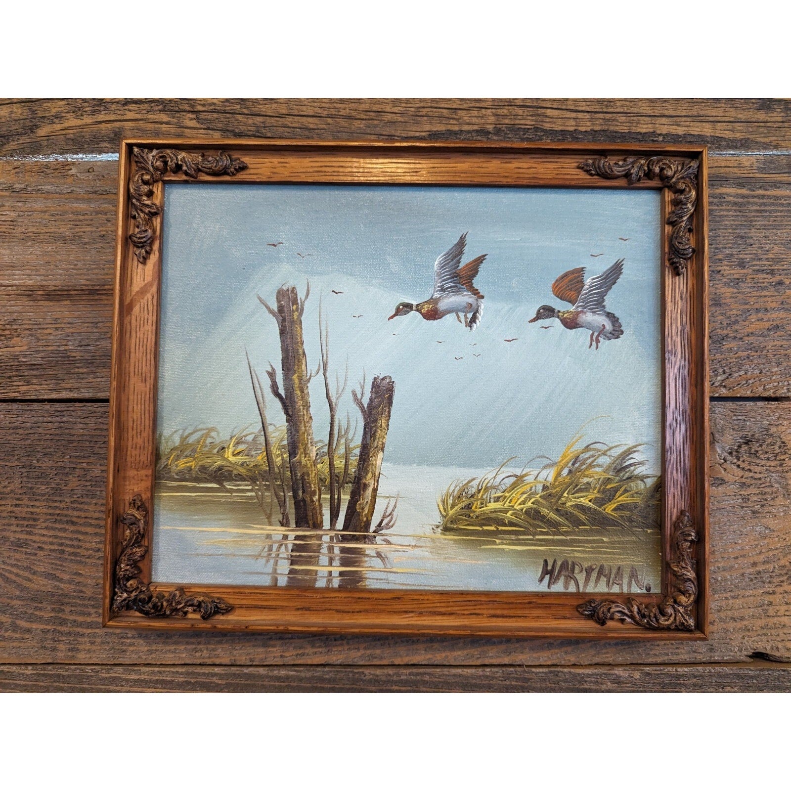 Duck Painting signed Hartman Mid Century Framed Acrylic on Panel 9" x 11"