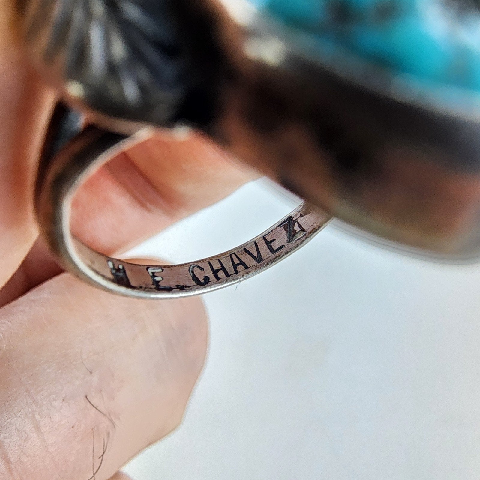 ME Chavez Turquoise Sterling Silver Ring Size 8 Navajo Native Old Pawn