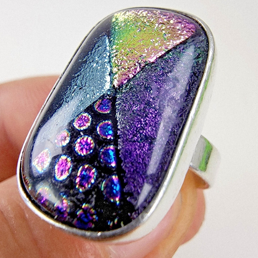Dichroic Glass Cabochon Mexico Ring Size 7 Sterling Silver 925 Vintage