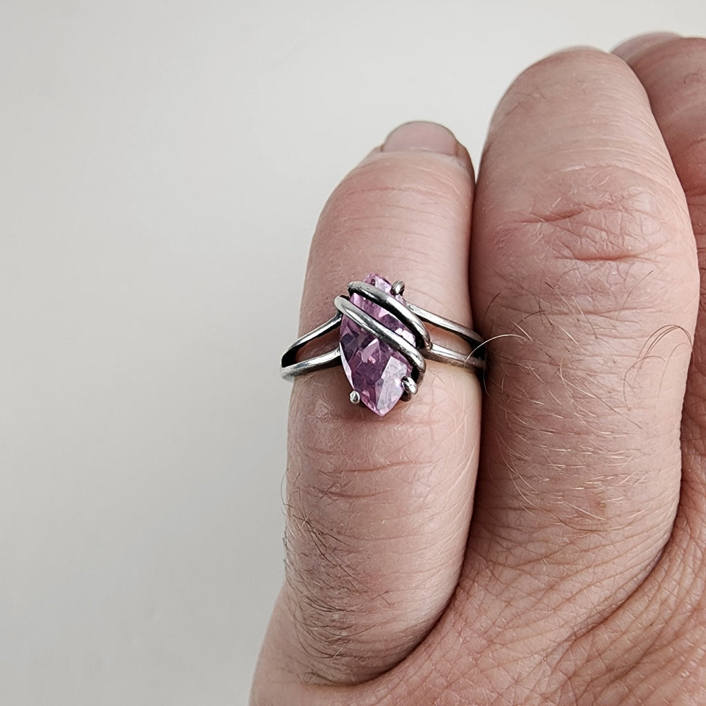 Marquise Cut Wire Wrap Pink Gemstone Ring Size 6 1/2 Sterling Silver 925 Vintage