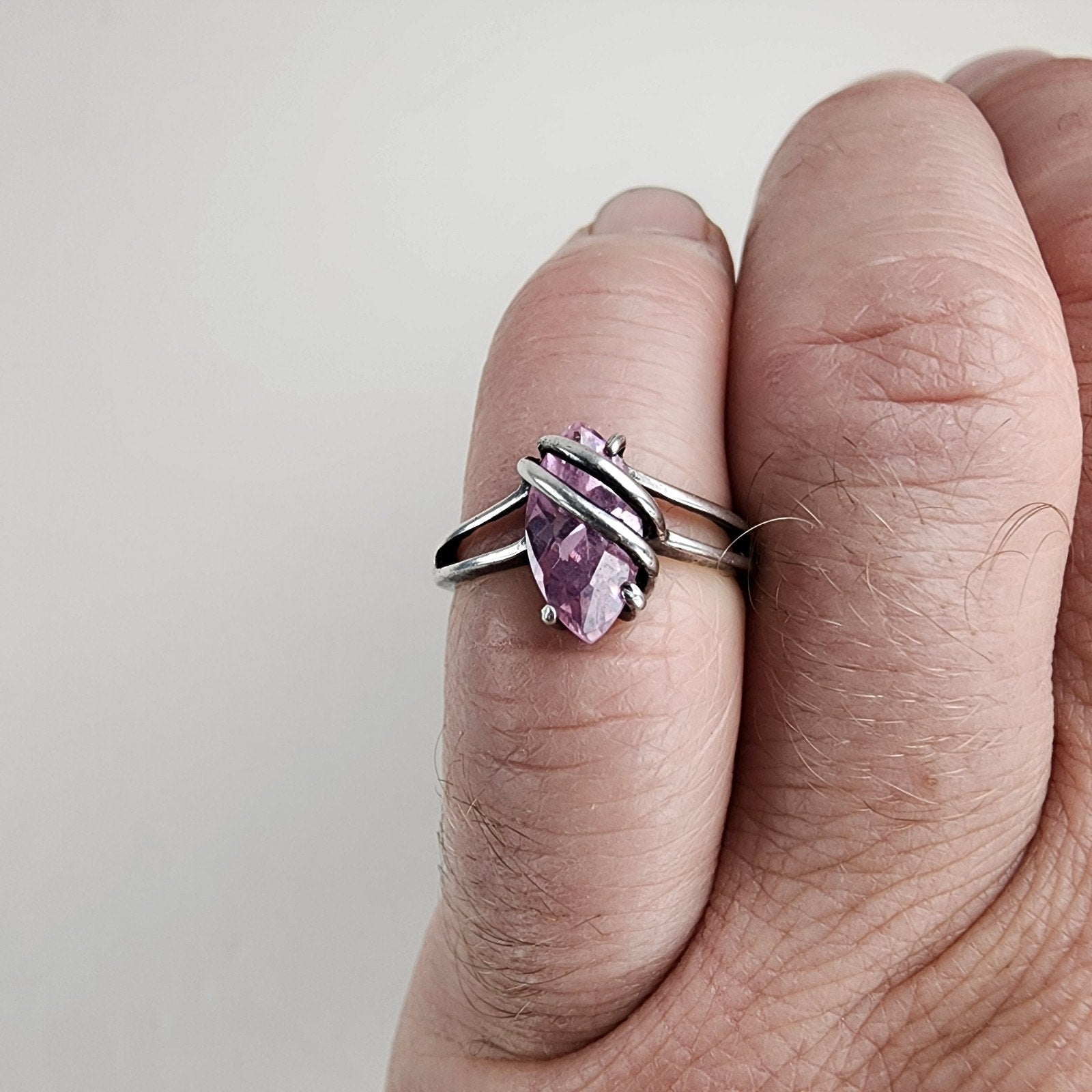 Marquise Cut Wire Wrap Pink Gemstone Ring Size 6 1/2 Sterling Silver 925 Vintage