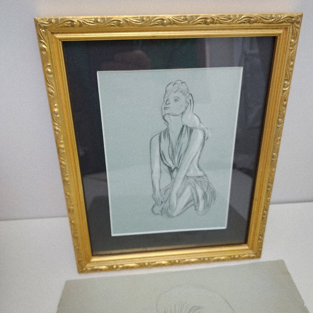 1945 Pair of PinUp Charcoal Pencil Sketches Female Figure Portrait Gold Frame