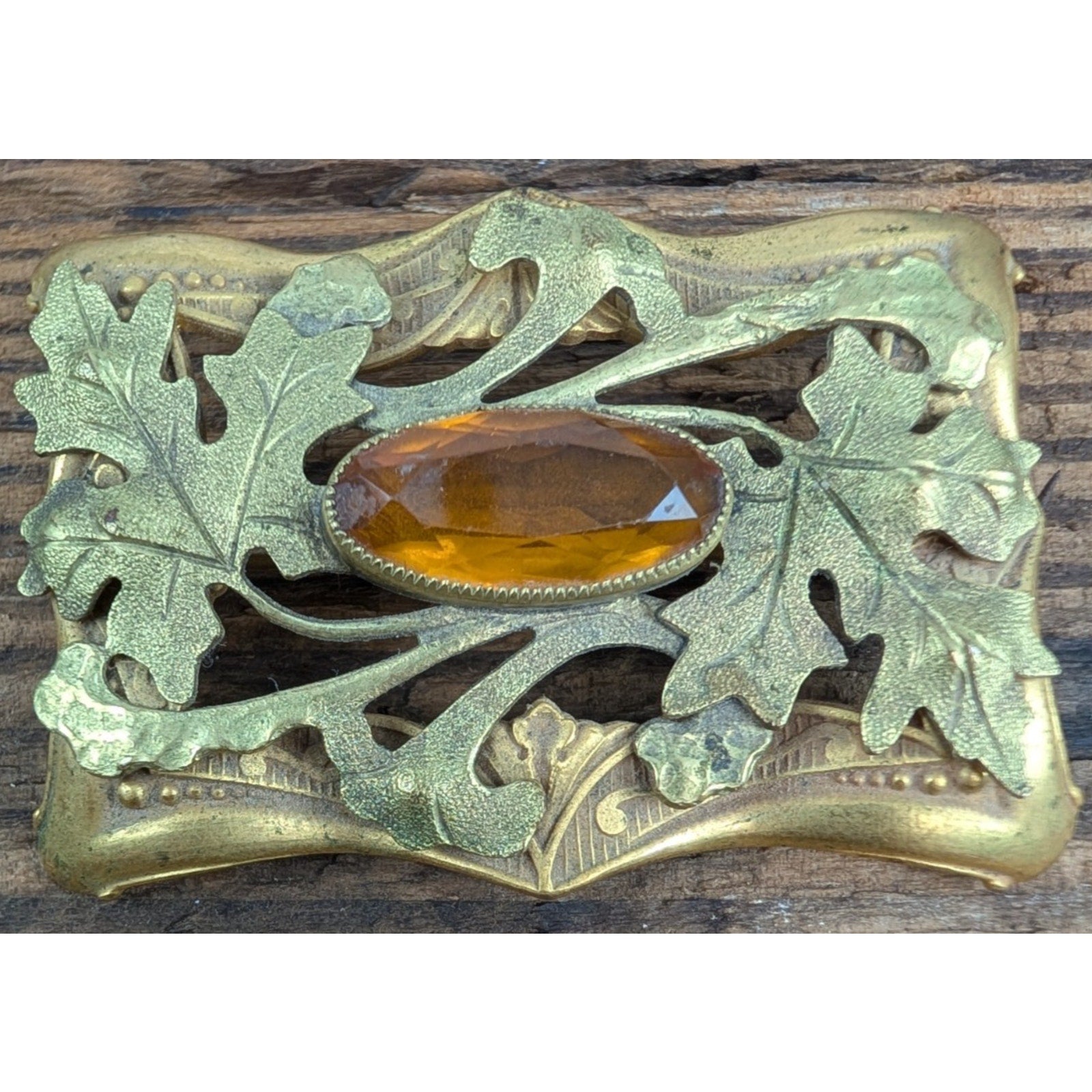 Art Nouveau Orange Rhinestone Rectangular Floral Brooch