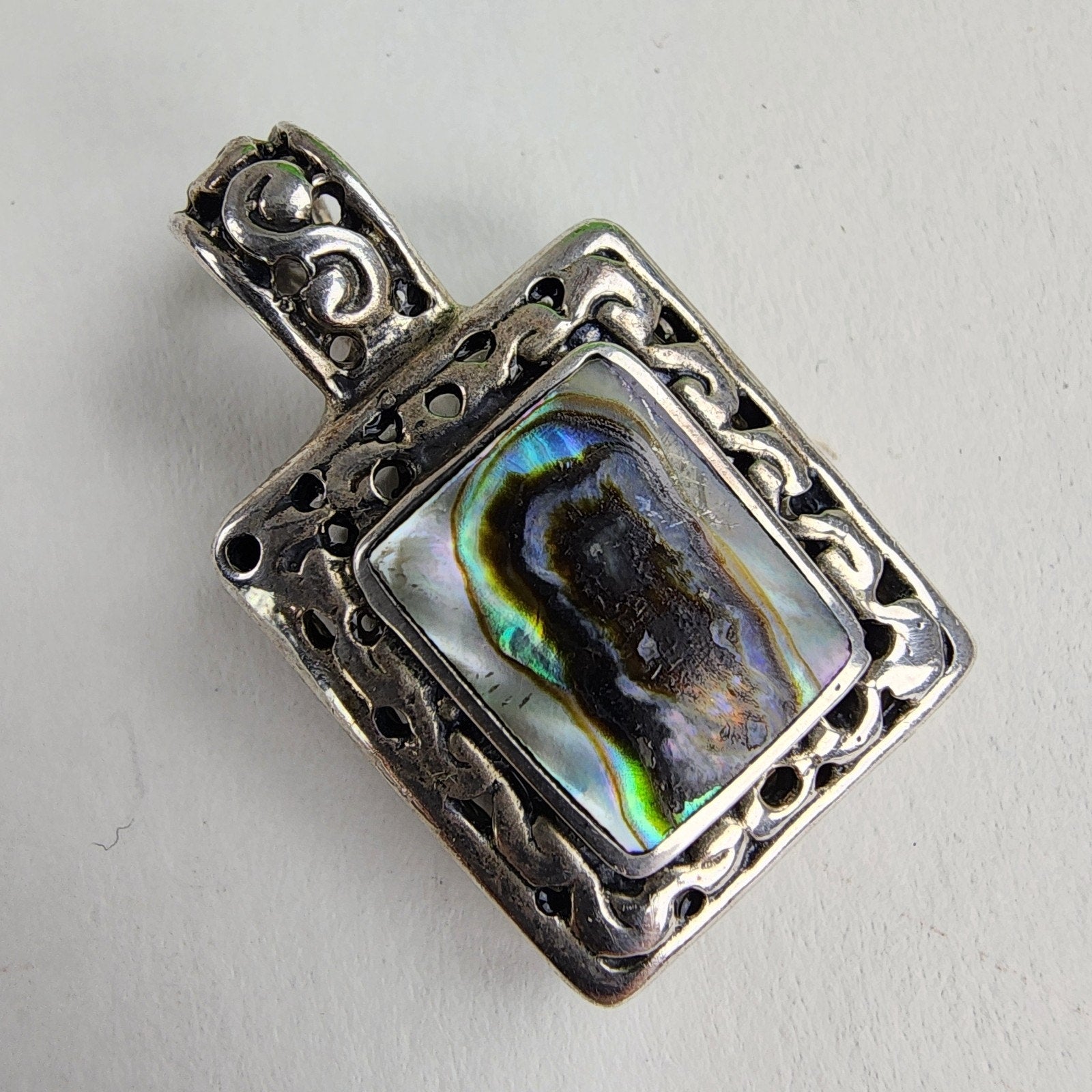 Mexico Abalone Inlay Squre Pendant Sterling Silver 925 Vintage