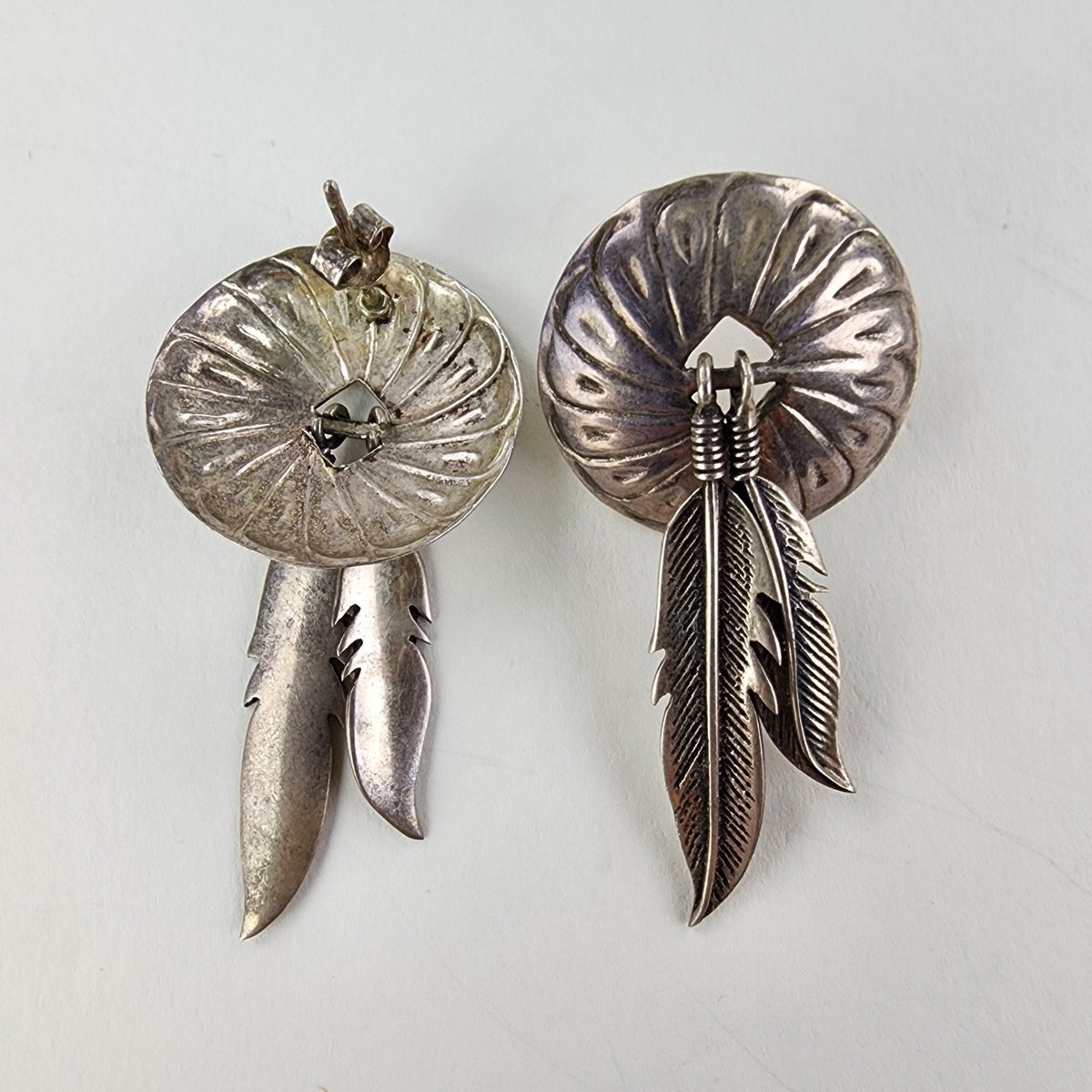 Old Pawn Stamped Feather Concho Earrings Sterling Silver 925 Native Vintage