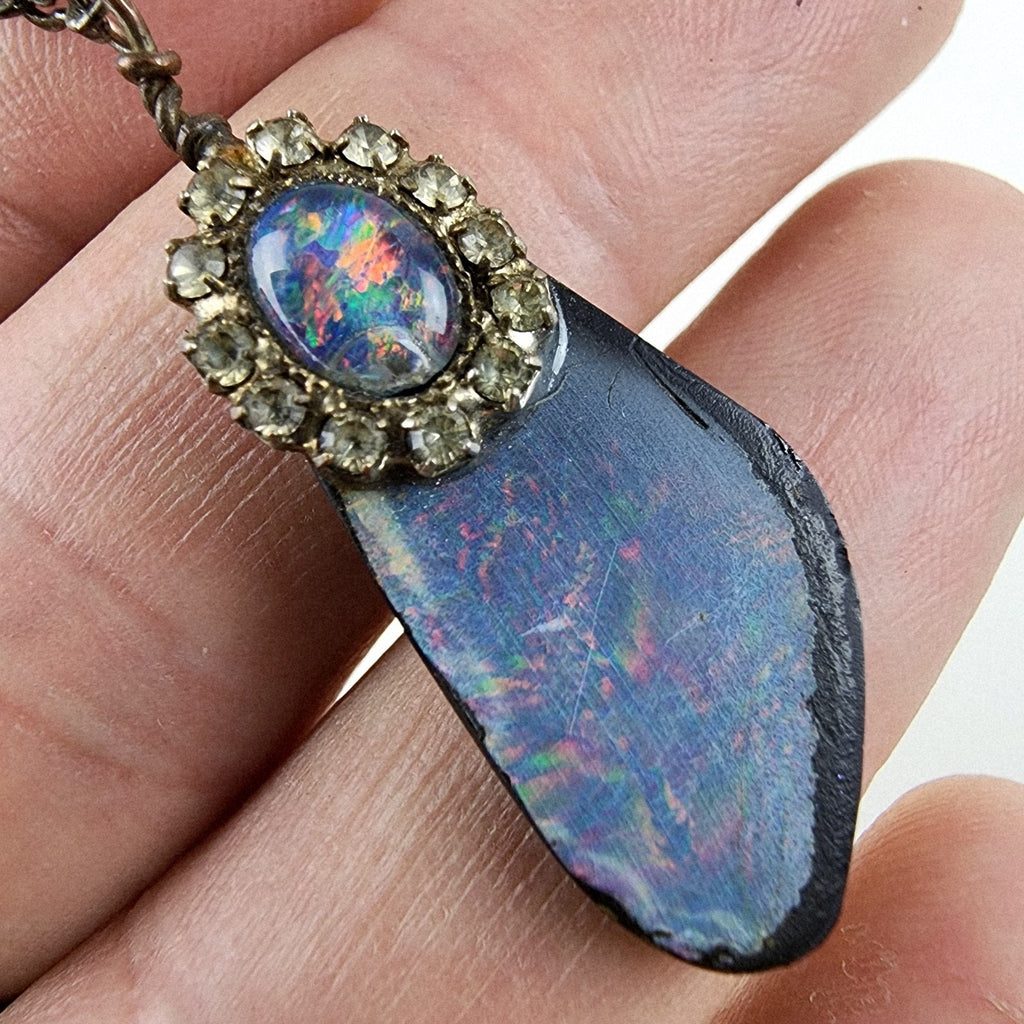 Bohemian Black Opal Necklace with Silver Tone Chain